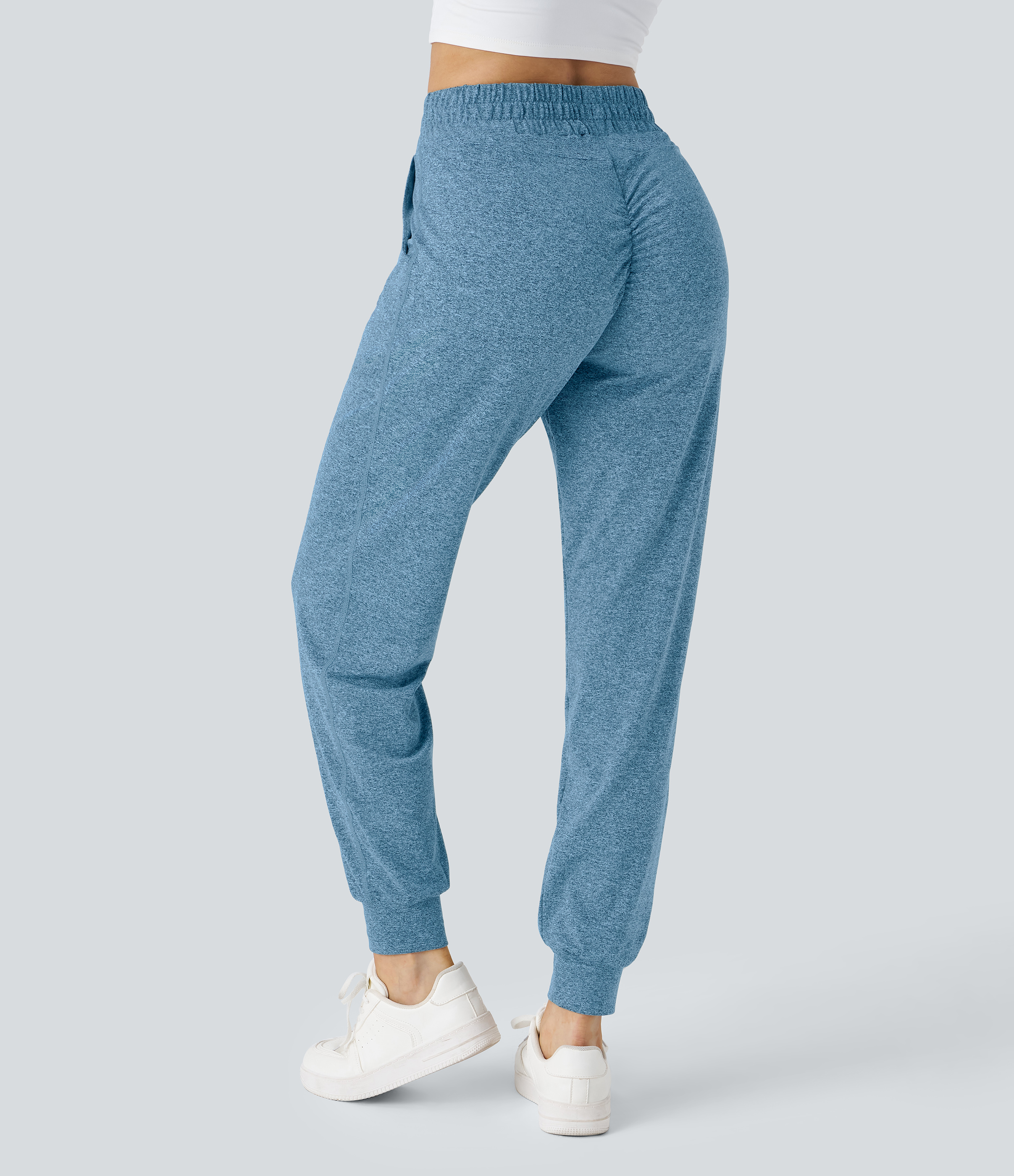 Halara High Waisted Drawstring Side Pocket Ruched Yoga Joggers  - Azure Blue Floral Yarn - XL(regular) 