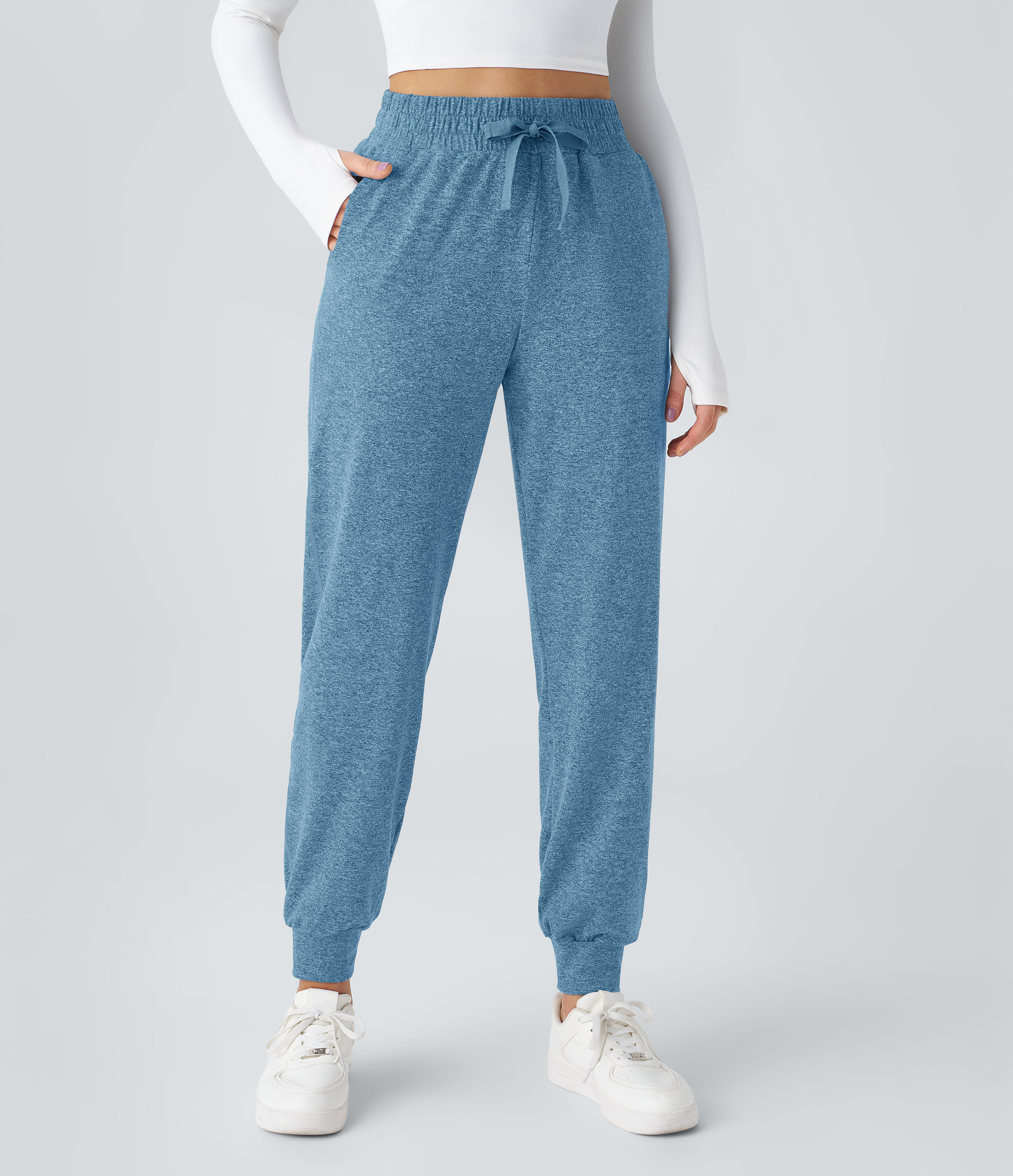 Halara High Waisted Drawstring Side Pocket Ruched Yoga Joggers  - Azure Blue Floral Yarn - XL(regular) 