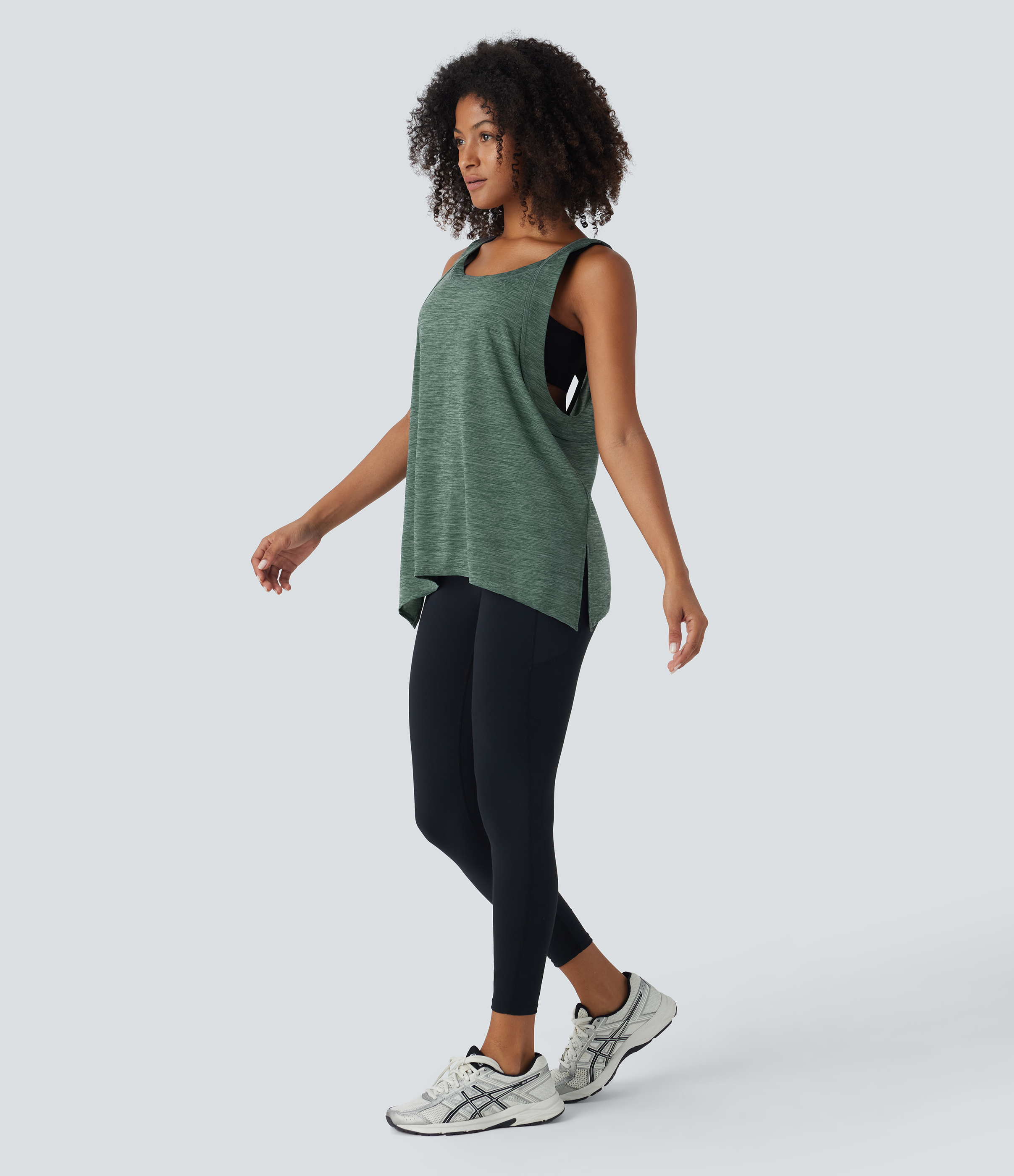 Halara Round Neck Backless Crisscross Side Split Running Tank Top Tank Top - Green Texture - S golf tops halter top tunic tops 