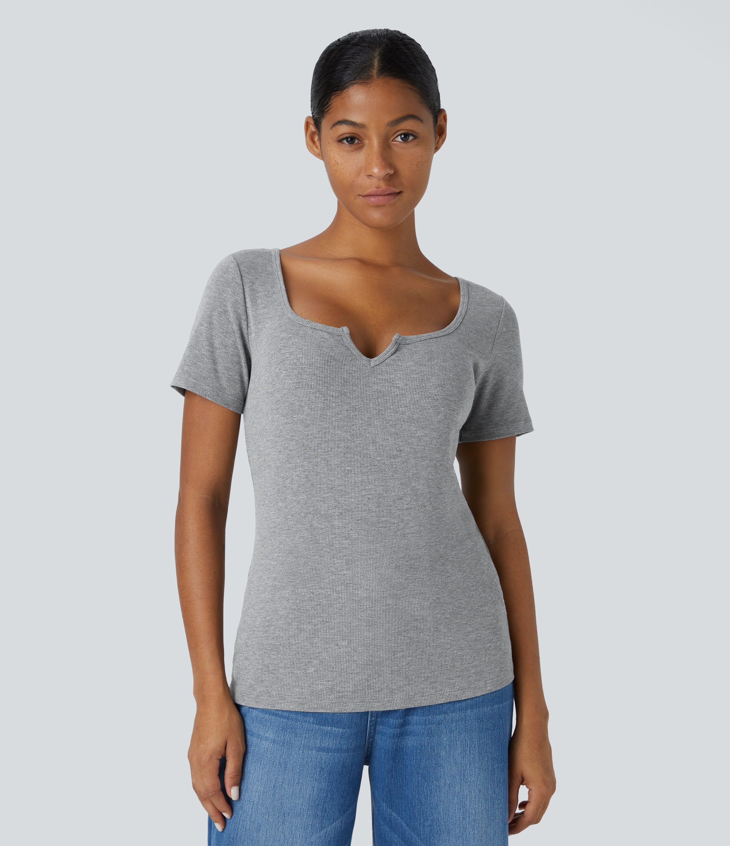 Halara Ribbed Notched Scoop Neck Short Sleeve Slim Casual Top Tank Top - Ash Grey - M golf tops halter top tunic tops sleeveless tops 