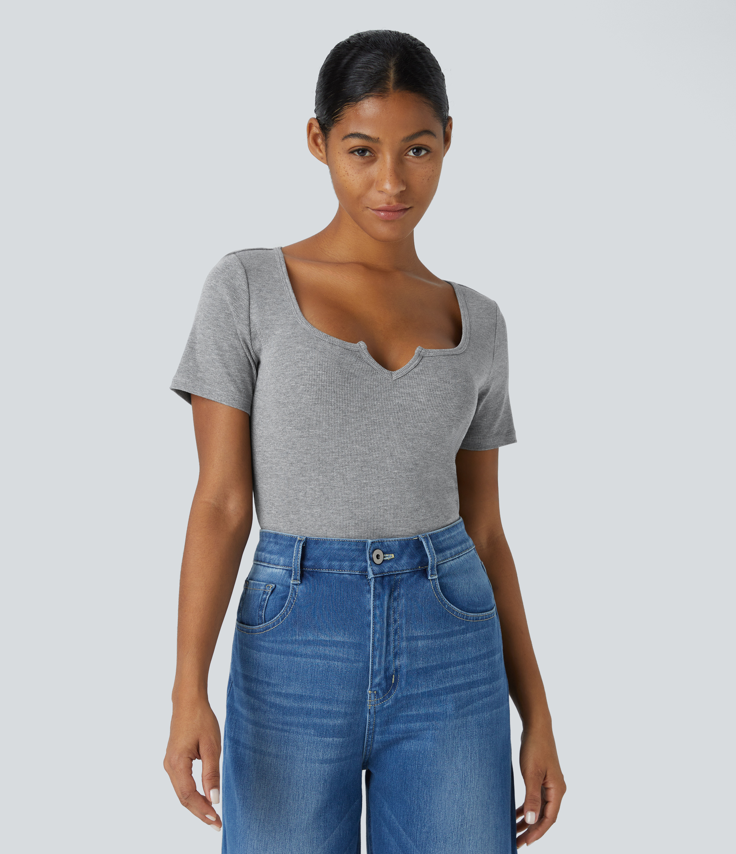 Halara Ribbed Notched Scoop Neck Short Sleeve Slim Casual Top Tank Top - Ash Grey - M golf tops halter top tunic tops sleeveless tops 