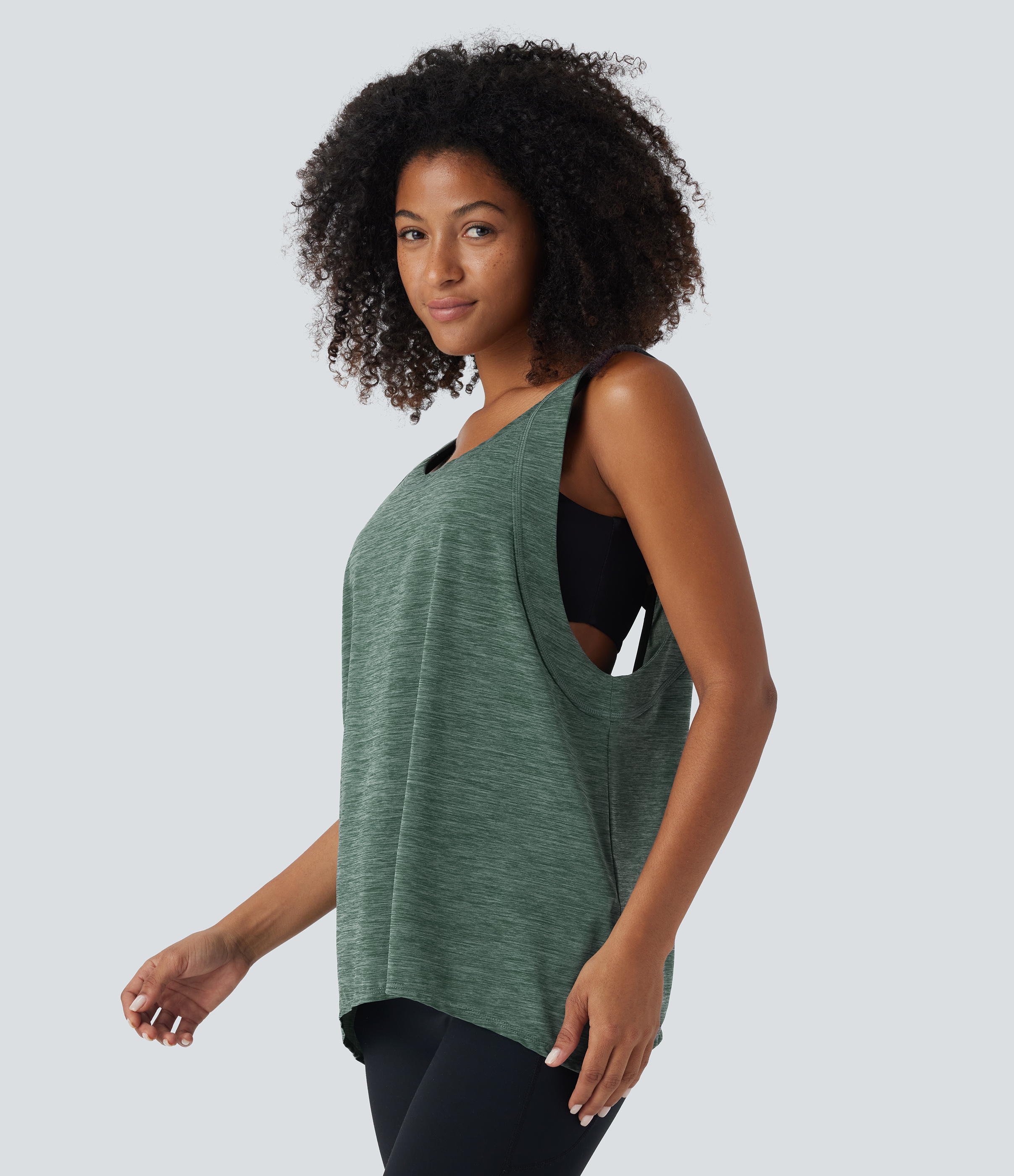 Halara Round Neck Backless Crisscross Side Split Running Tank Top Tank Top - Green Texture - S golf tops halter top tunic tops 
