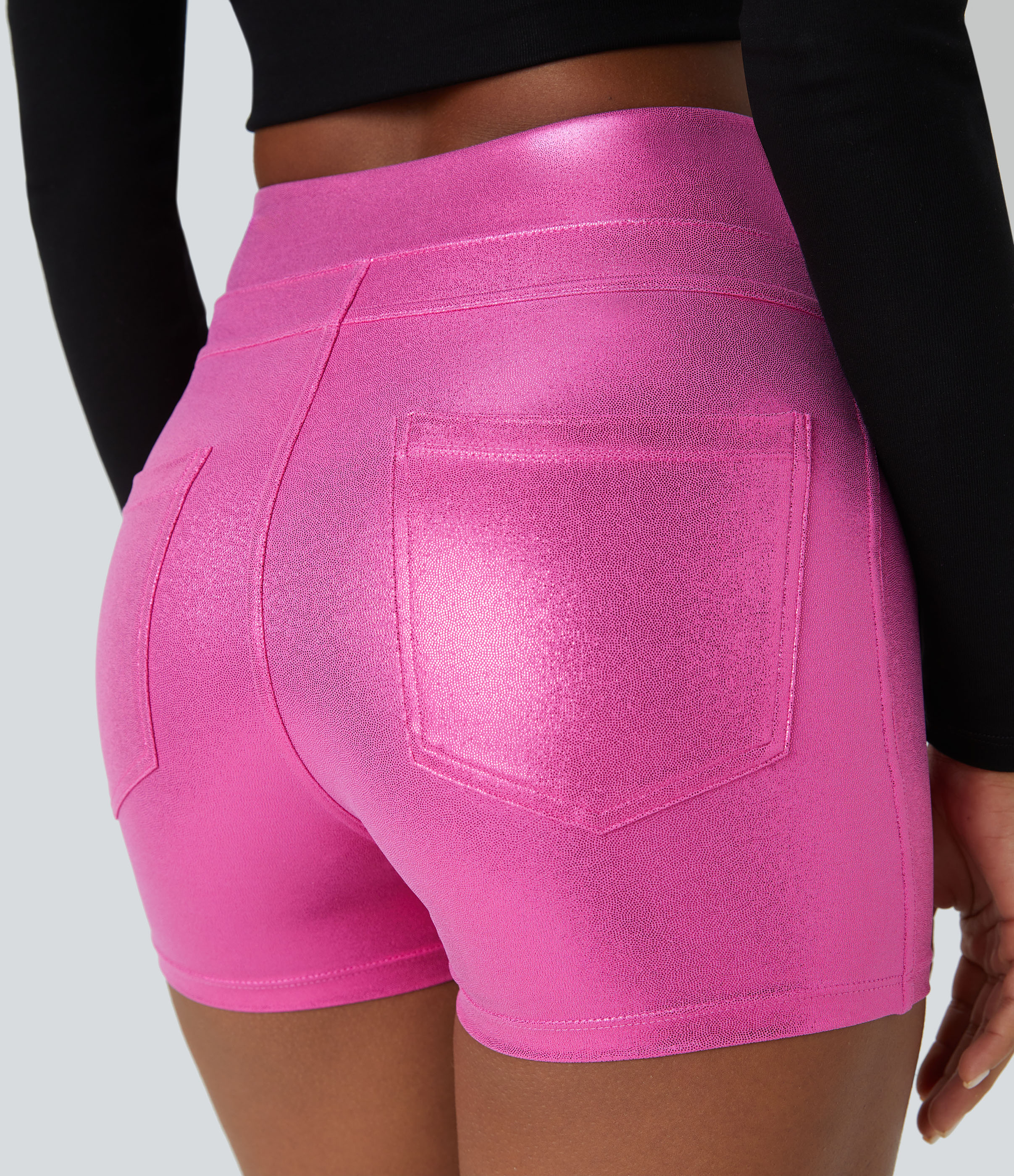 Halara Softlyzeroв„ў Faux Leather High Waisted Back Side Pocket Metallic Foil Print Stretchy Casual Biker Shorts 3``  - Shiny Fuchsia Fedora - S 