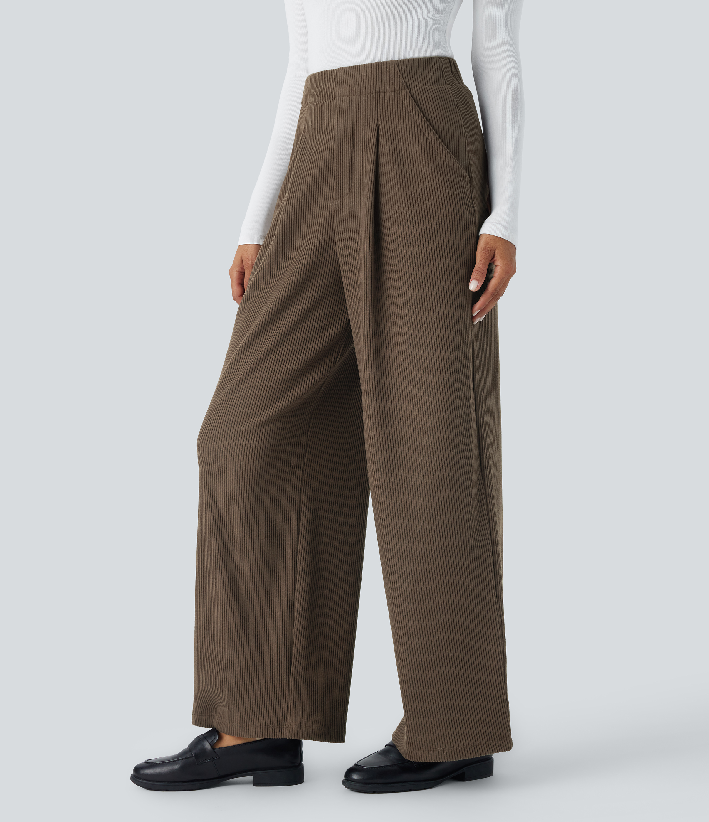 Halara Ribbed Knit High Waisted Plicated Side Pocket Wide Leg Casual Pants  - Thick Earthy Brown - L(regular) sweatpants jogger pants 