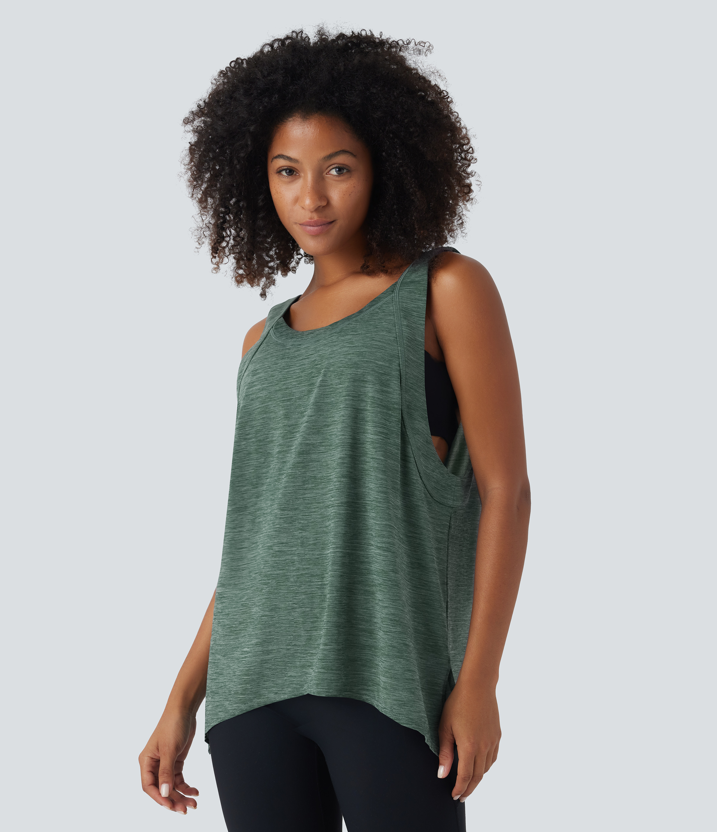 Halara Round Neck Backless Crisscross Side Split Running Tank Top Tank Top - Green Texture - S golf tops halter top tunic tops 