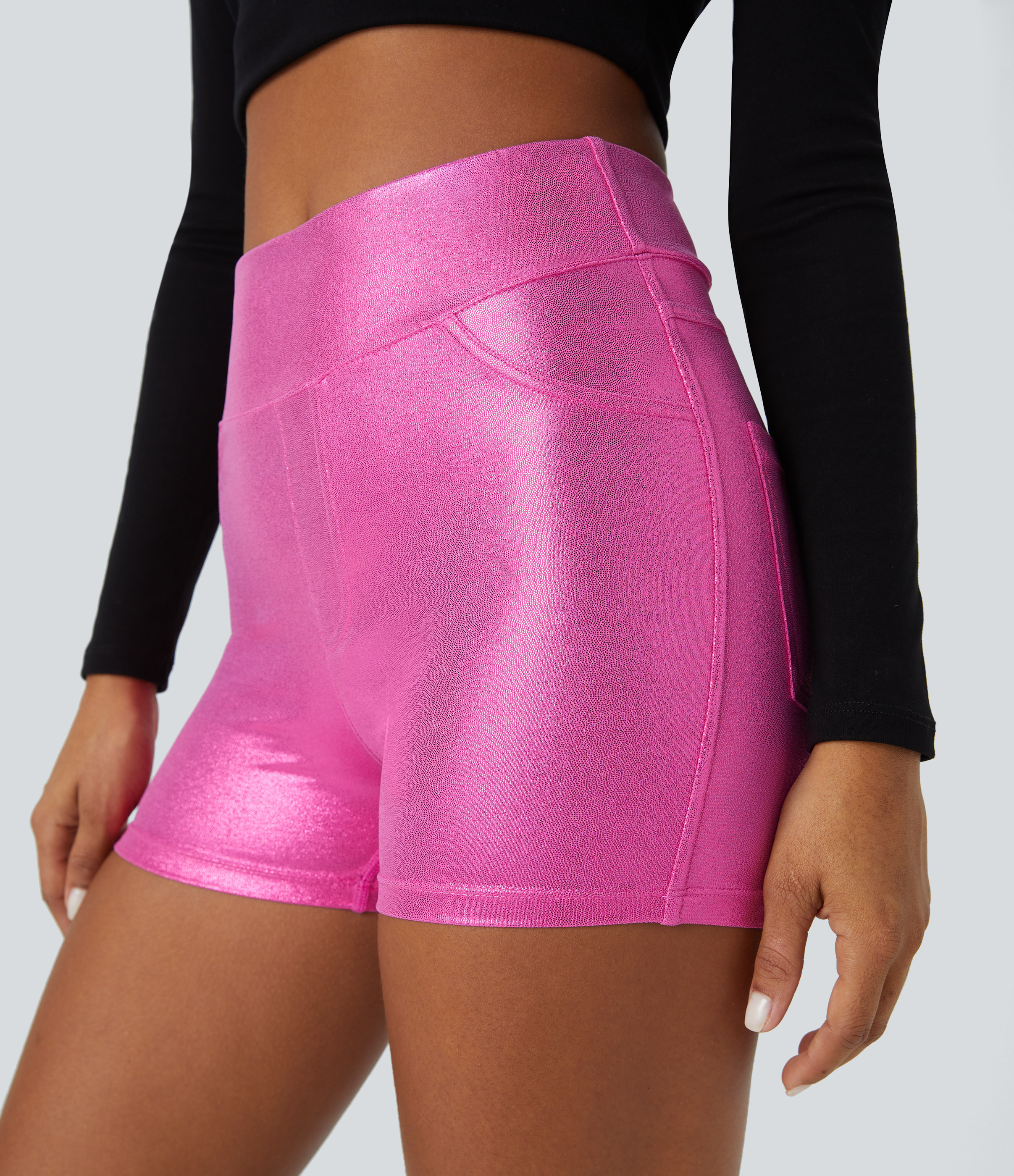 Halara Softlyzeroв„ў Faux Leather High Waisted Back Side Pocket Metallic Foil Print Stretchy Casual Biker Shorts 3``  - Shiny Fuchsia Fedora - S 