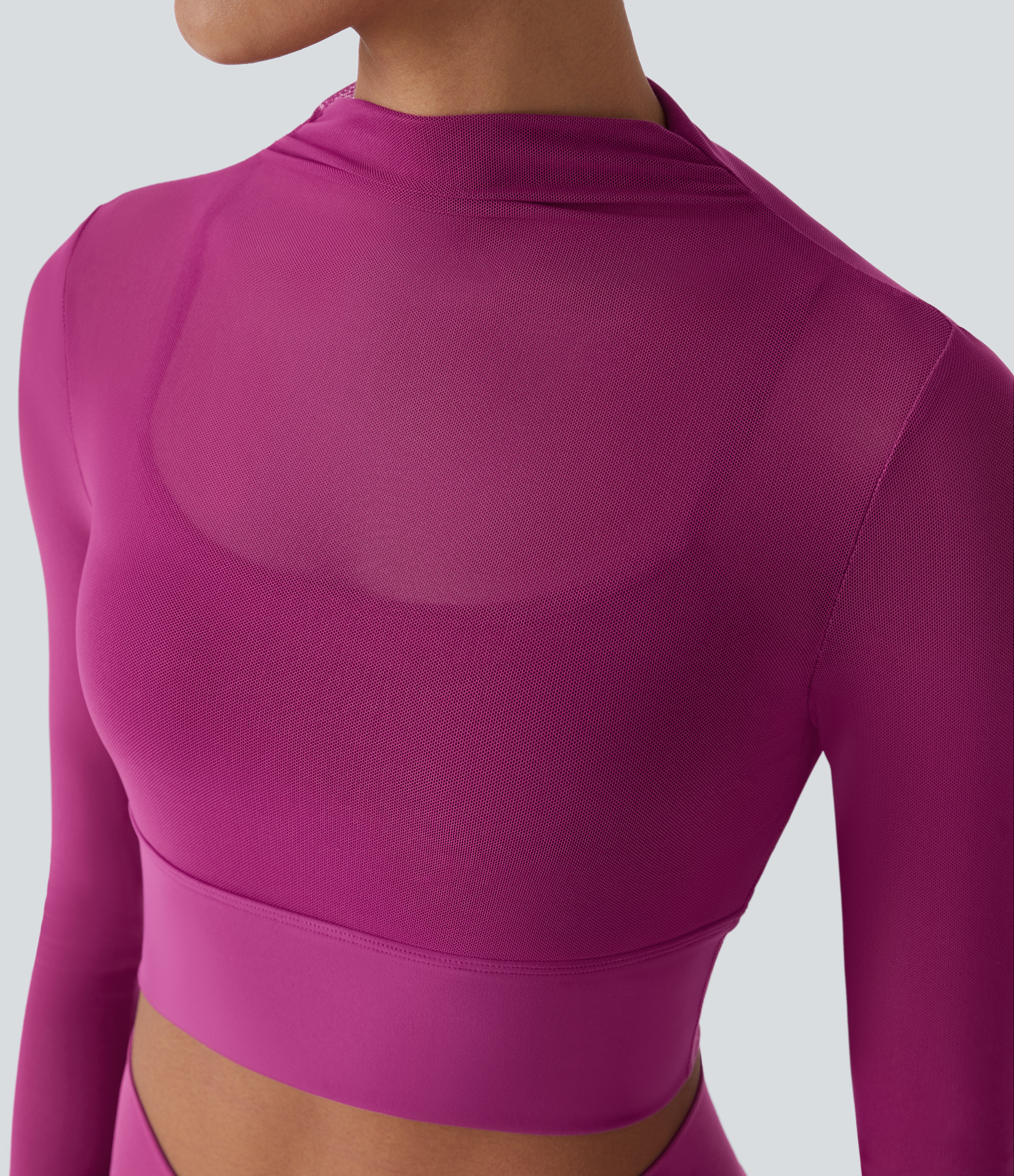 Halara Contrast Mesh Long Sleeve 2-in-1 Cropped Workout Sports Top  - Rose Violet - M 