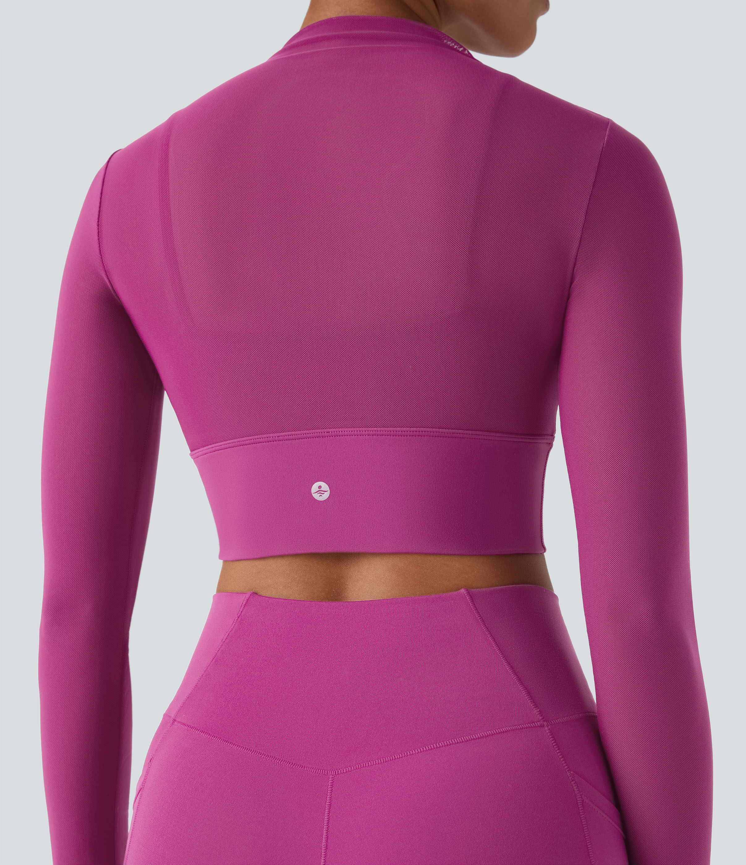 Halara Contrast Mesh Long Sleeve 2-in-1 Cropped Workout Sports Top  - Rose Violet - M 