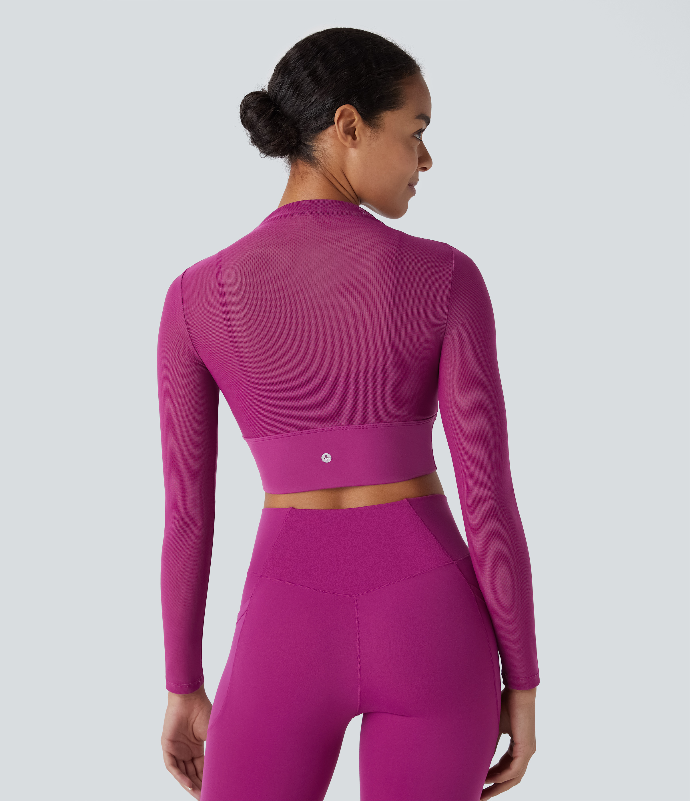 Halara Contrast Mesh Long Sleeve 2-in-1 Cropped Workout Sports Top  - Rose Violet - M 