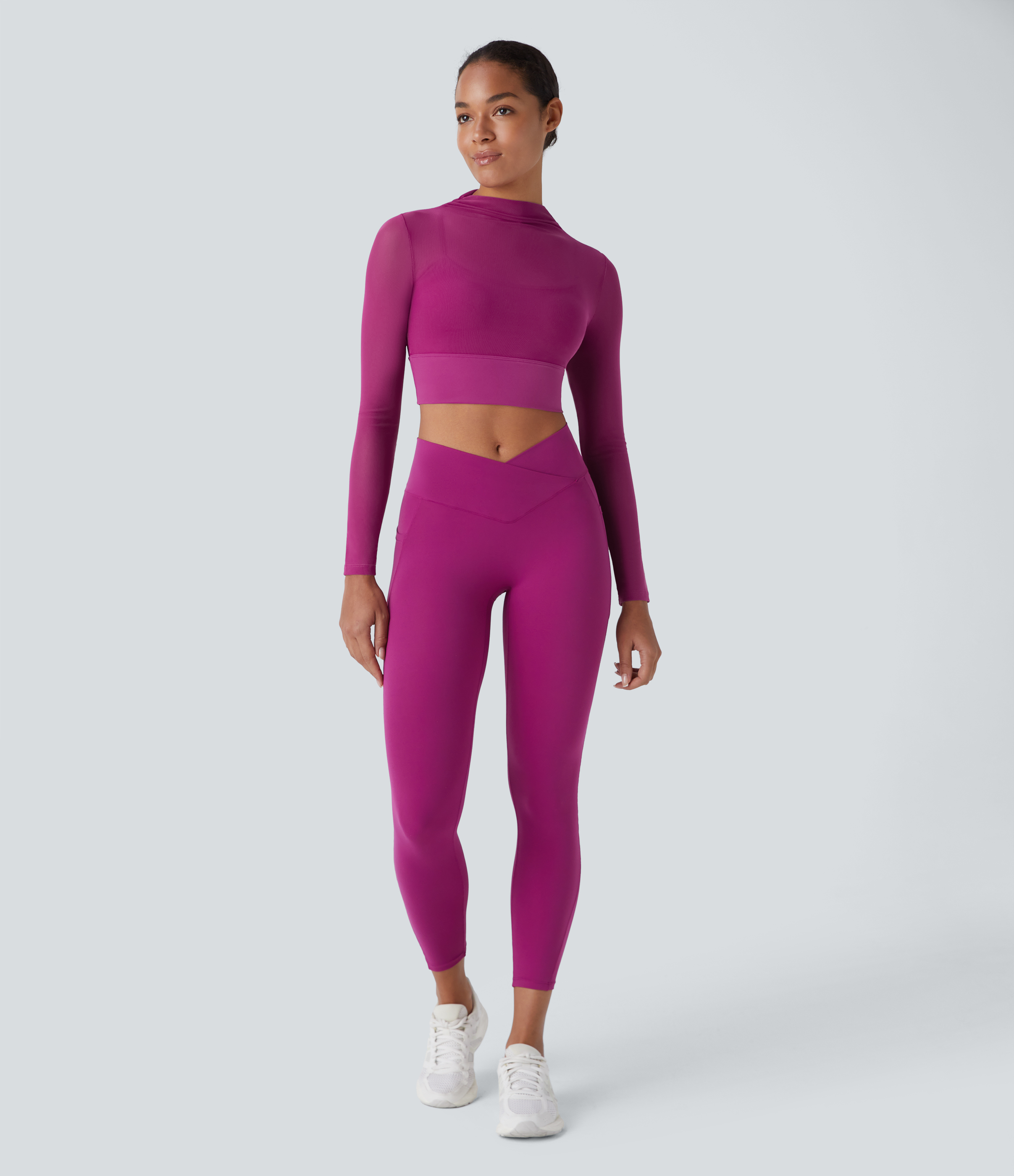 Halara Contrast Mesh Long Sleeve 2-in-1 Cropped Workout Sports Top  - Rose Violet - M 