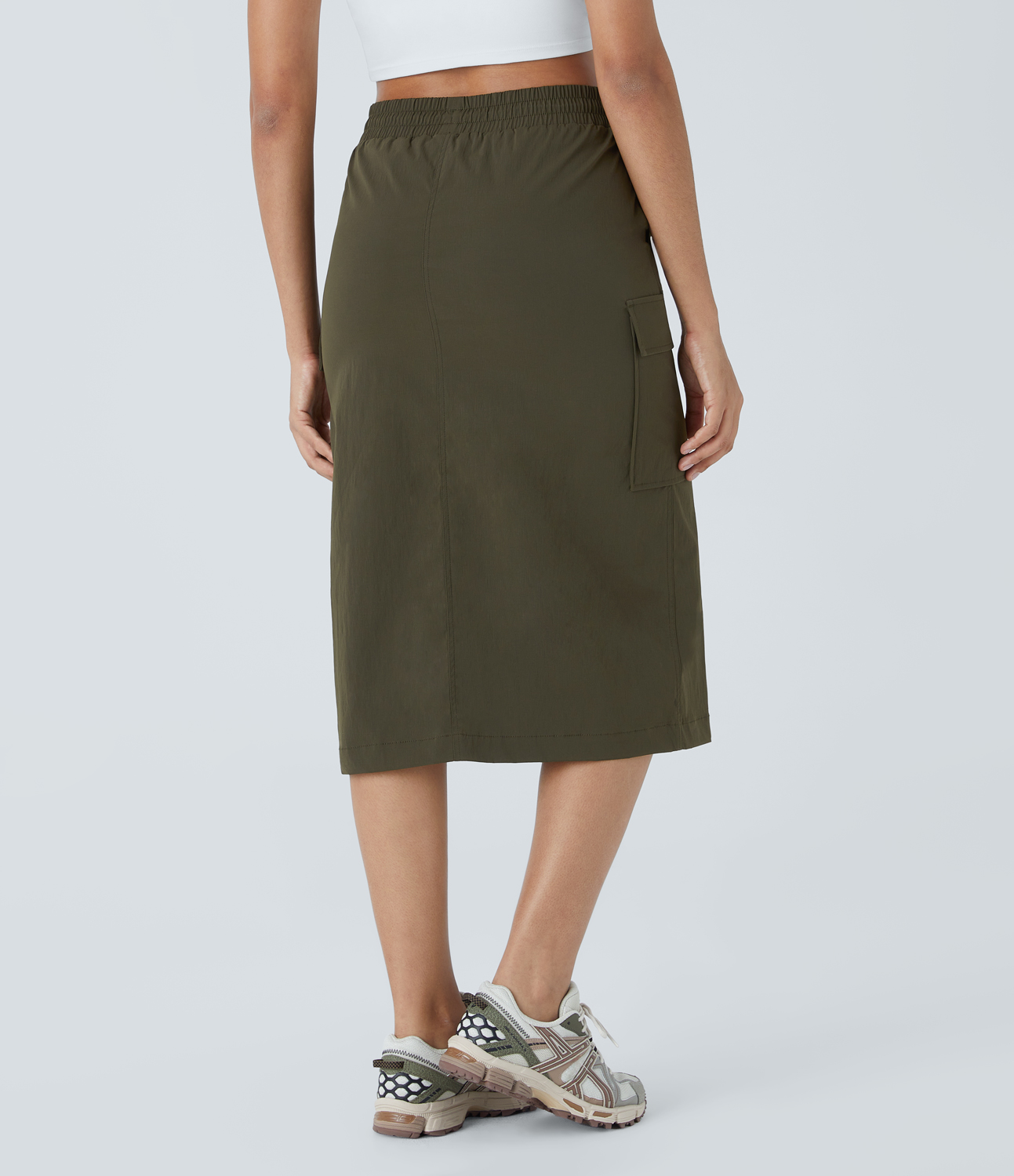 Halara Water Repellent High Waisted Double Adjustable Drawcord Multiple Pockets Split Hem Midi Ripstop Hiking Cargo Skirt  - Twilight Green - M(regular) 