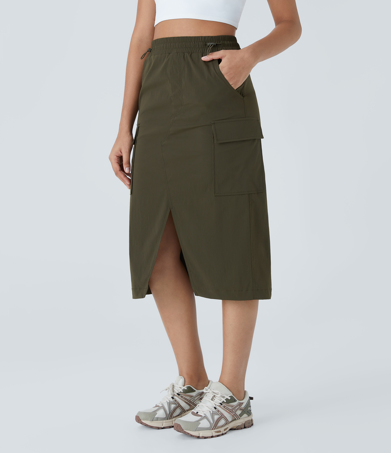 Halara Water Repellent High Waisted Double Adjustable Drawcord Multiple Pockets Split Hem Midi Ripstop Hiking Cargo Skirt  - Twilight Green - M(regular) 