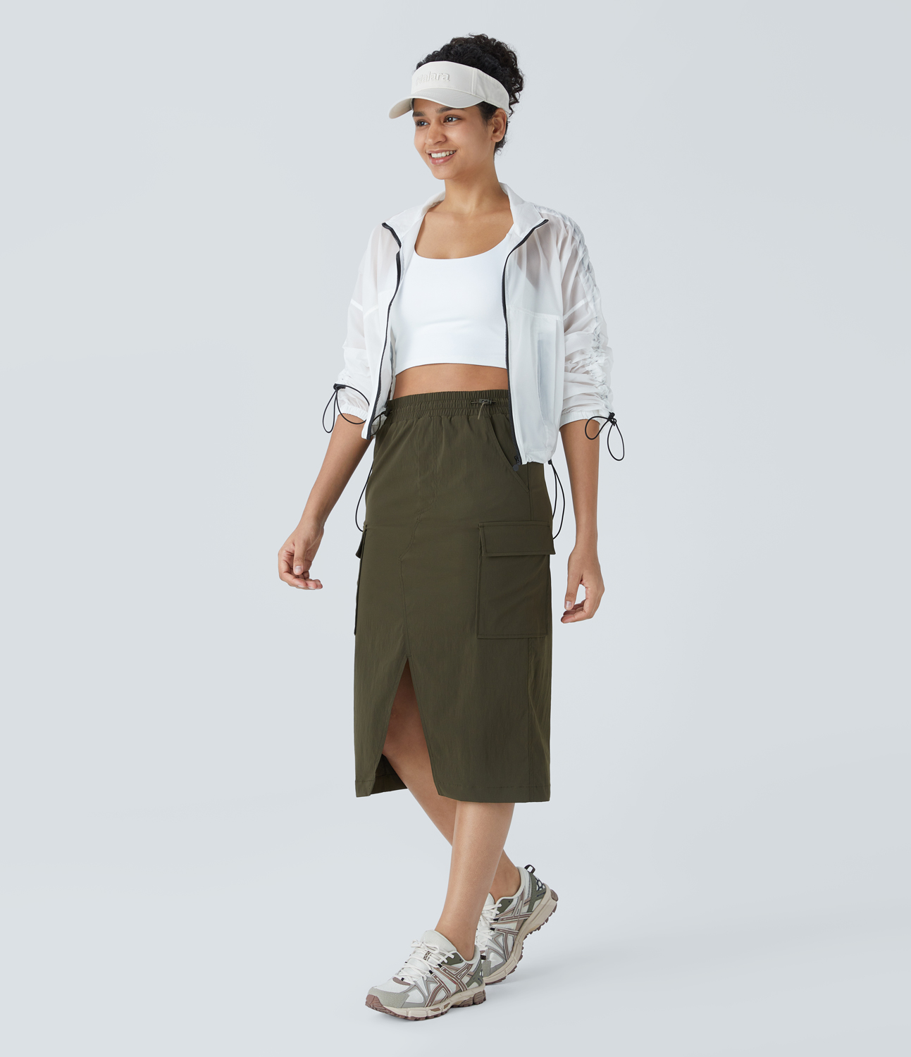 Halara Water Repellent High Waisted Double Adjustable Drawcord Multiple Pockets Split Hem Midi Ripstop Hiking Cargo Skirt  - Twilight Green - M(regular) 