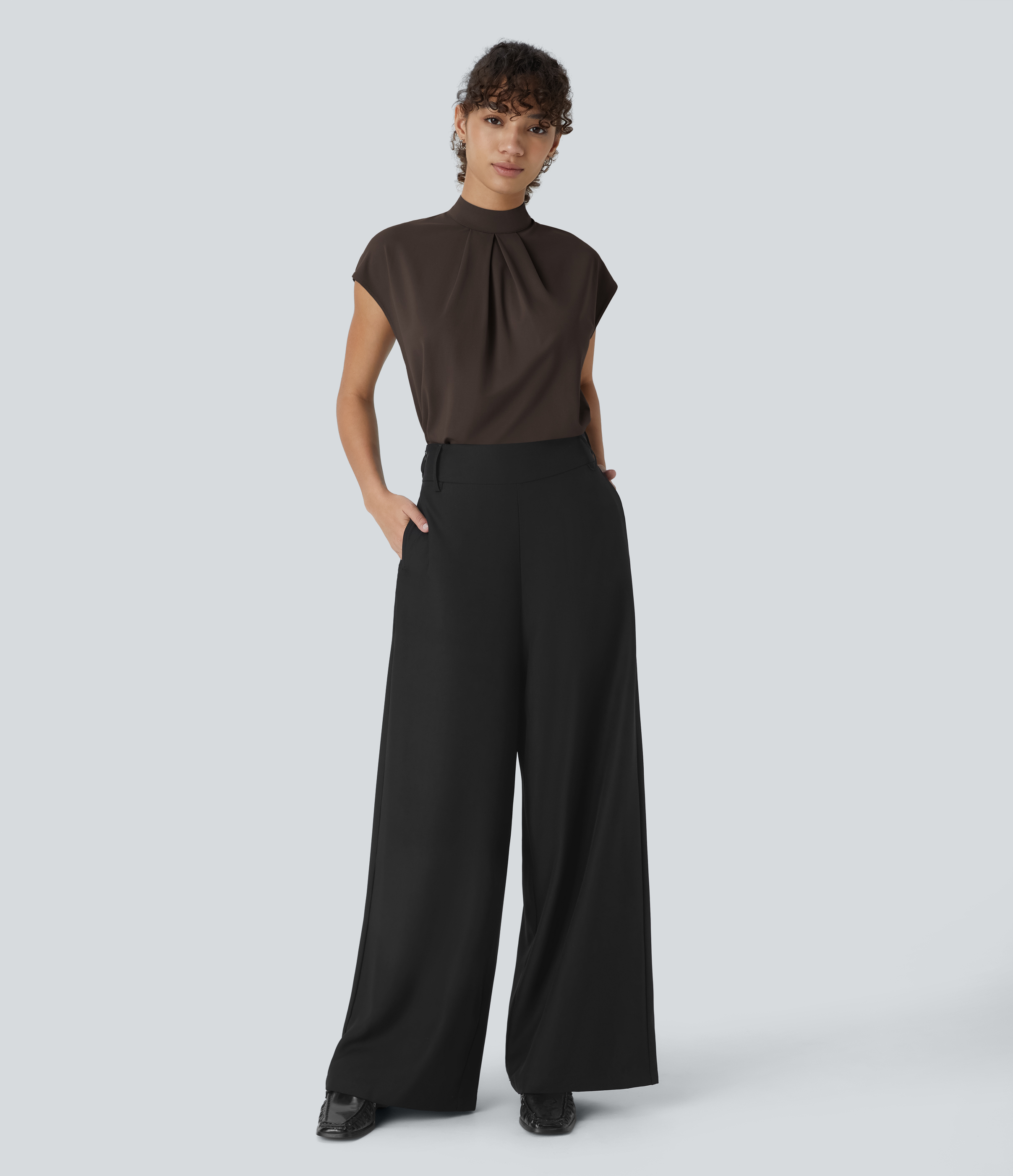Halara Stand Collar Plicated Button Back Cap Sleeve Work Blouse  - Delicioso - XL 