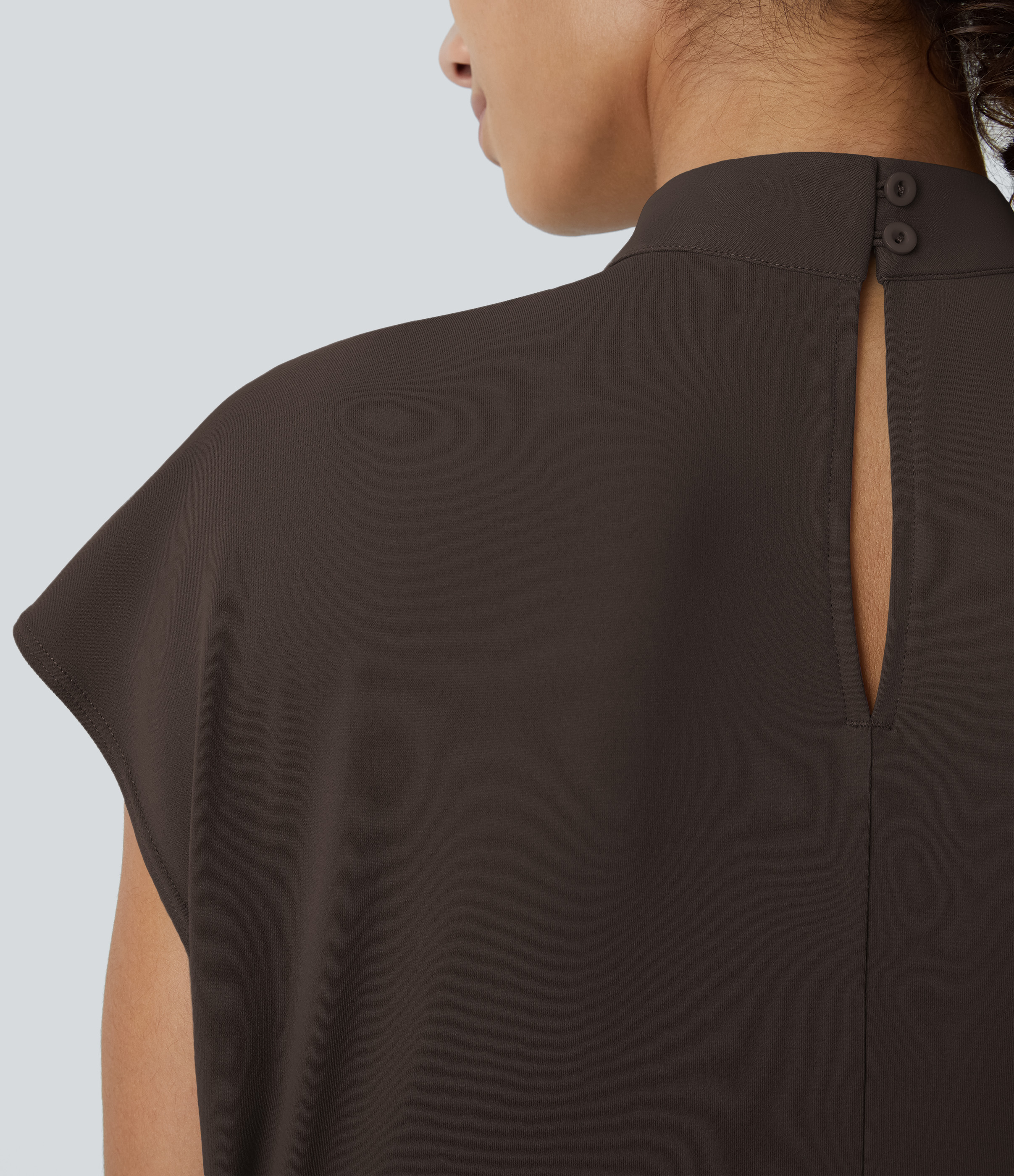 Halara Stand Collar Plicated Button Back Cap Sleeve Work Blouse  - Delicioso - XL 