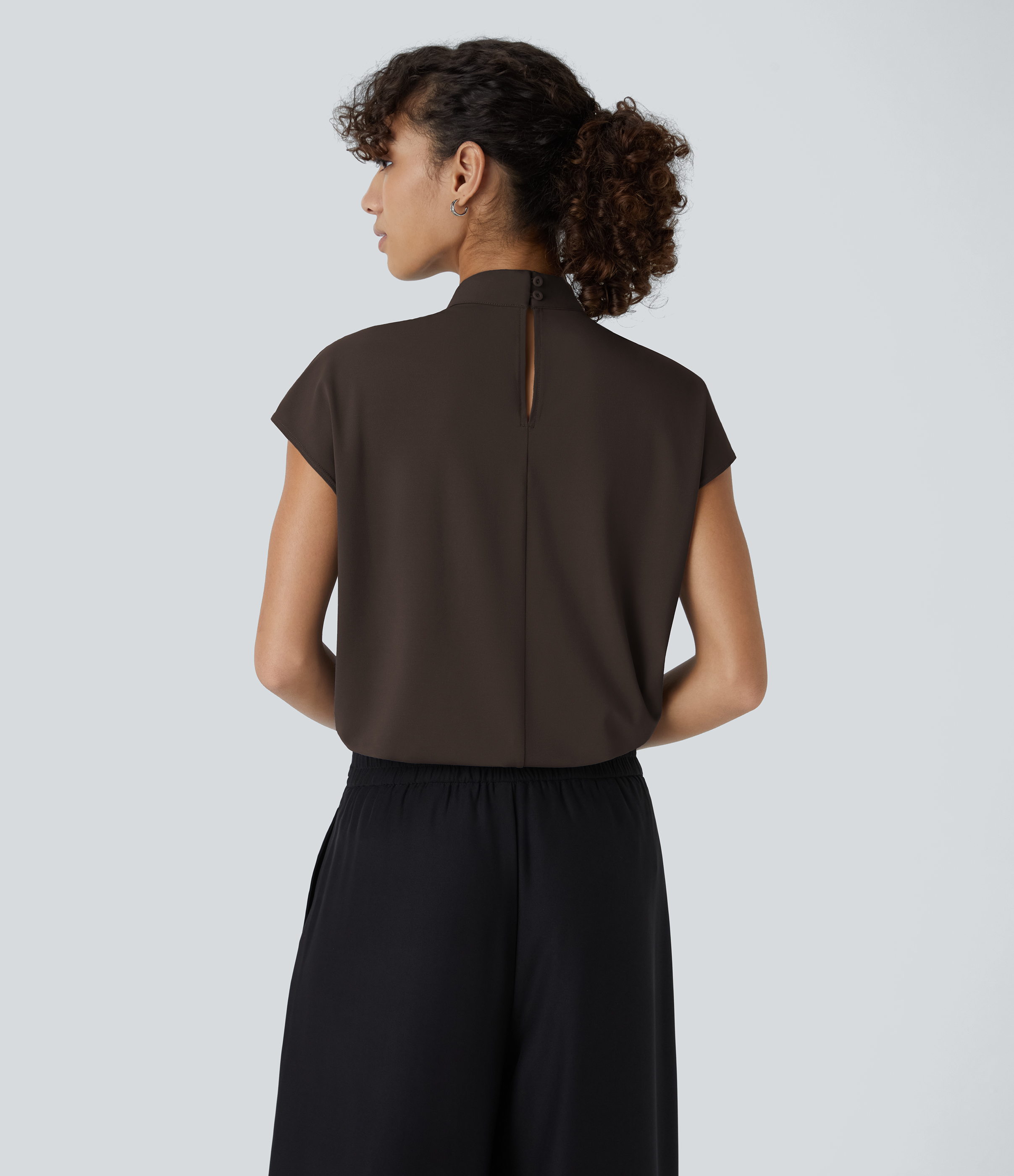 Halara Stand Collar Plicated Button Back Cap Sleeve Work Blouse  - Delicioso - XL 