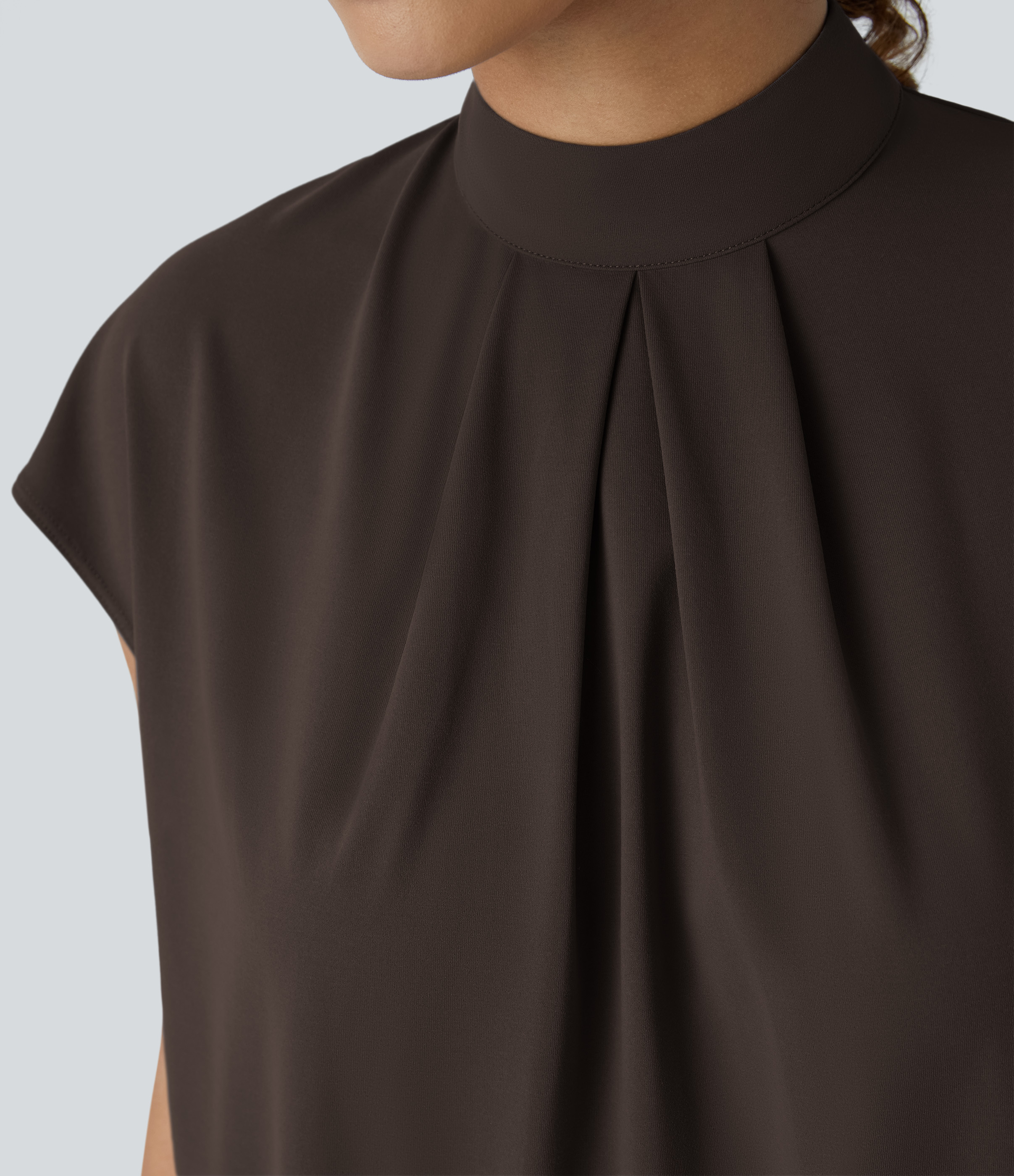 Halara Stand Collar Plicated Button Back Cap Sleeve Work Blouse  - Delicioso - XL 