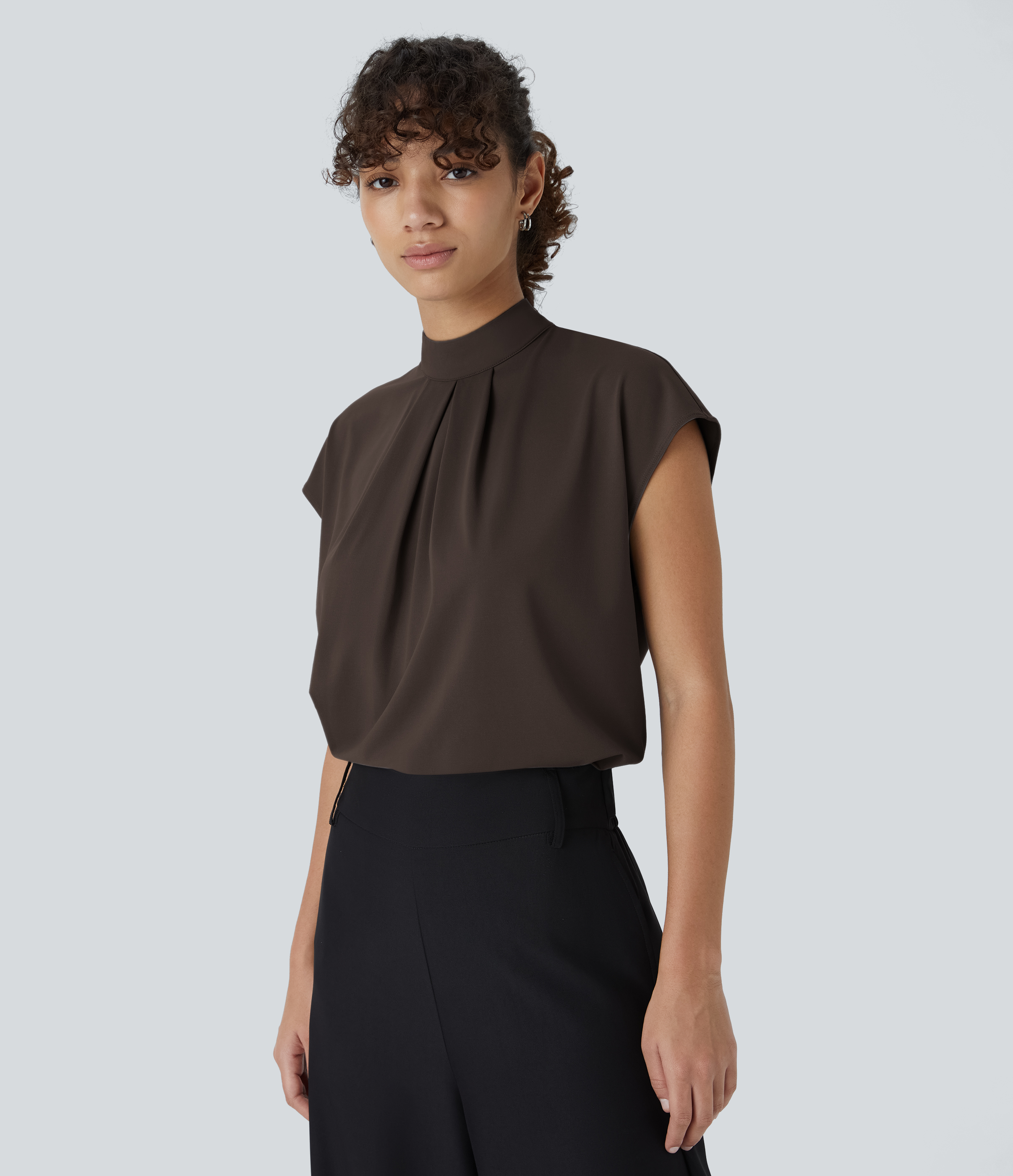 Halara Stand Collar Plicated Button Back Cap Sleeve Work Blouse  - Delicioso - XL 