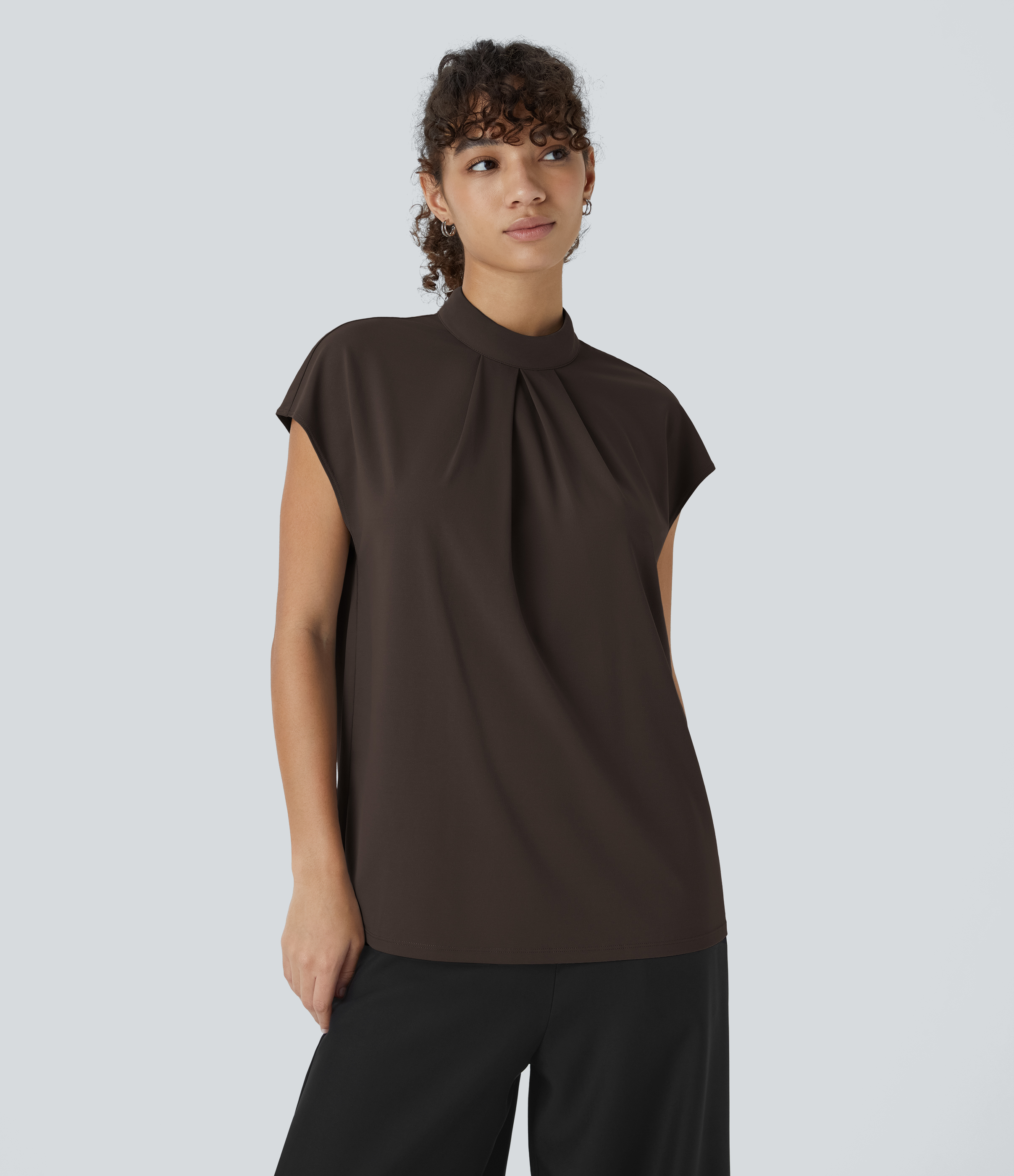 Halara Stand Collar Plicated Button Back Cap Sleeve Work Blouse  - Delicioso - XL 