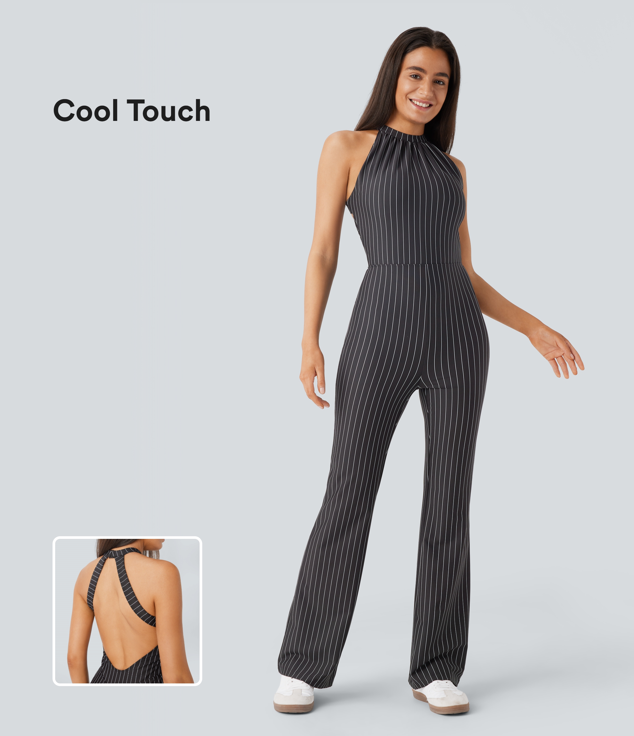 Halter Backless Bootcut Stripe Cool Touch Yoga Jumpsuit