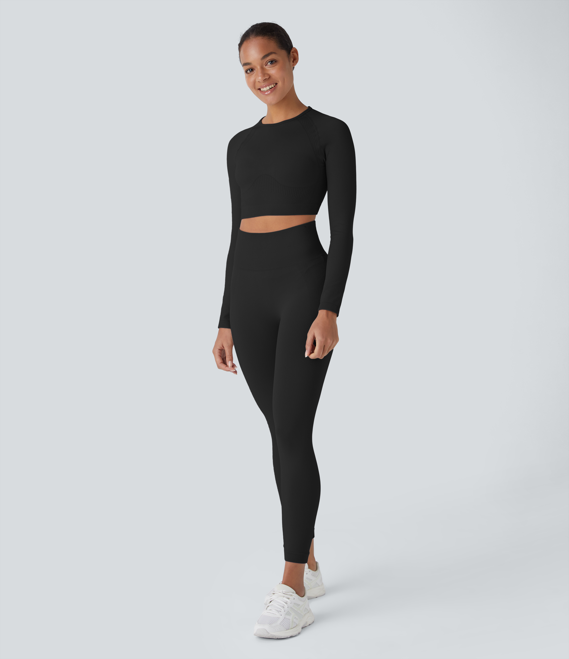 Halara Seamless Flow Round Neck Raglan Long Sleeve Skinny Cropped Yoga Top Tank Top - Black - XL golf tops halter top tunic tops 
