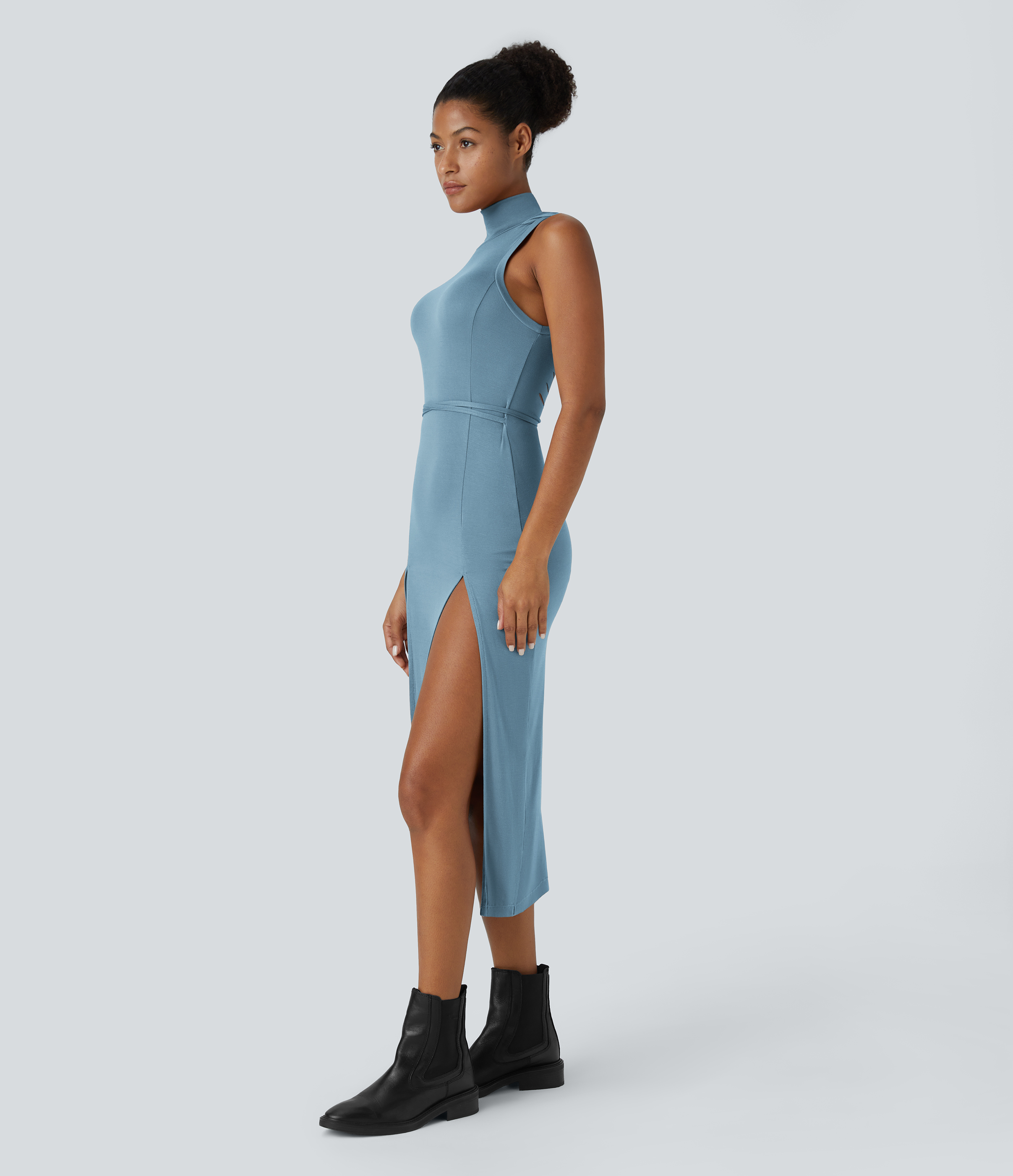 Halara Ribbed Hooded High Neck Sleeveless Cut Out Tie Back Split 2-Piece Midi Casual Dress Casual Dress - Rainy Sky Blue - S slip dress 