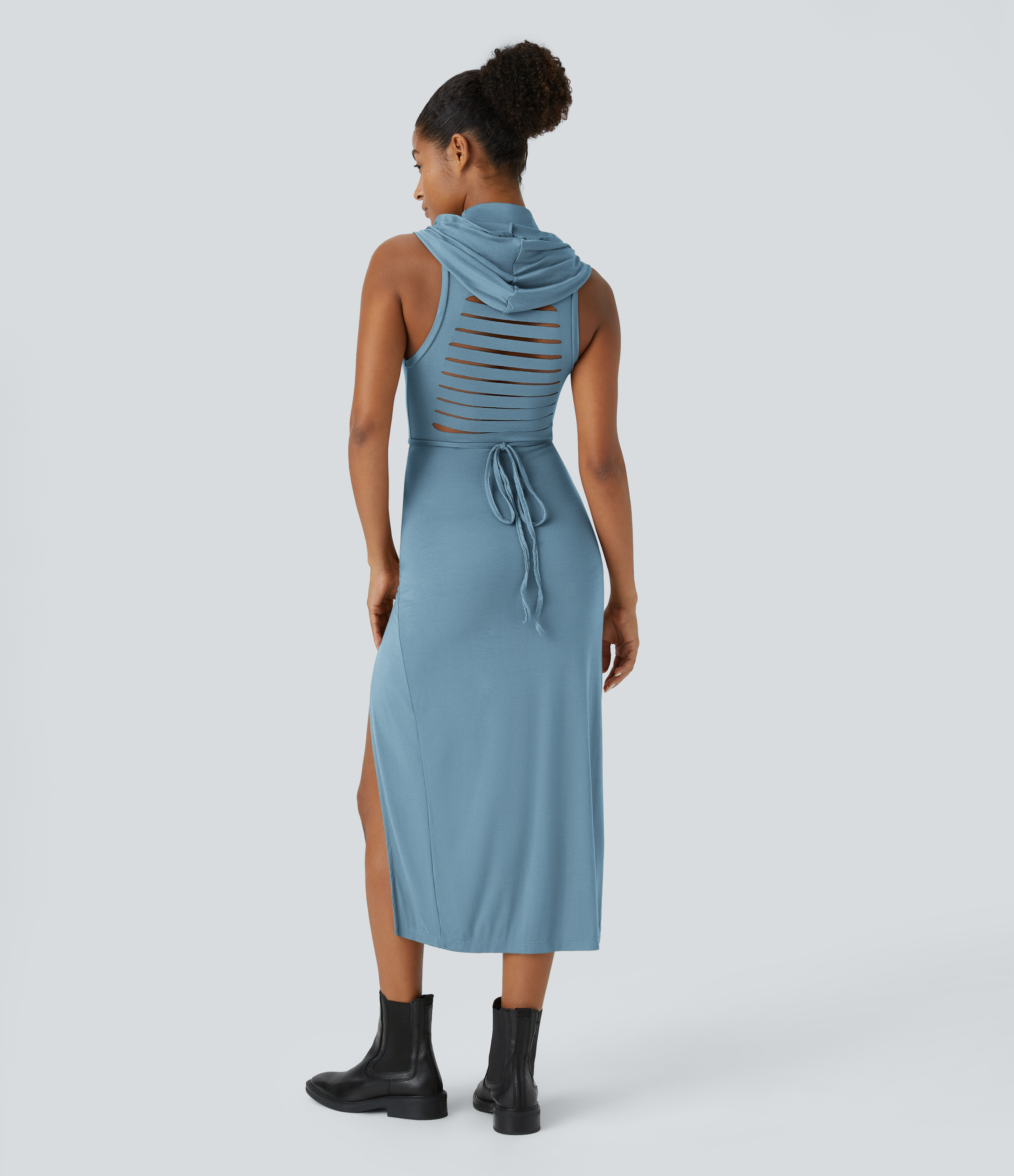 Halara Ribbed Hooded High Neck Sleeveless Cut Out Tie Back Split 2-Piece Midi Casual Dress Casual Dress - Rainy Sky Blue - S slip dress 