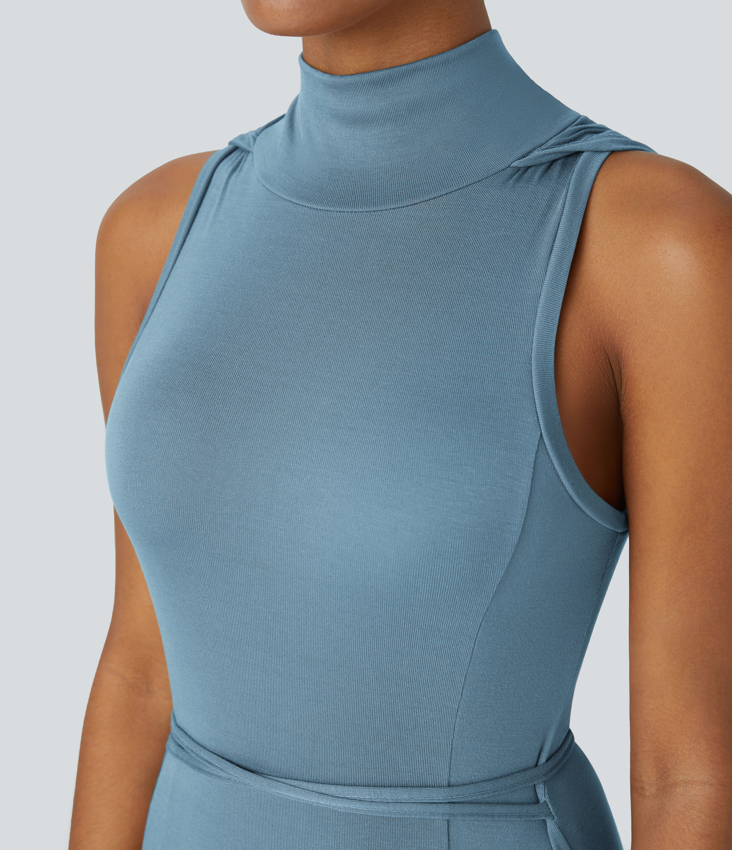 Halara Ribbed Hooded High Neck Sleeveless Cut Out Tie Back Split 2-Piece Midi Casual Dress Casual Dress - Rainy Sky Blue - S slip dress 