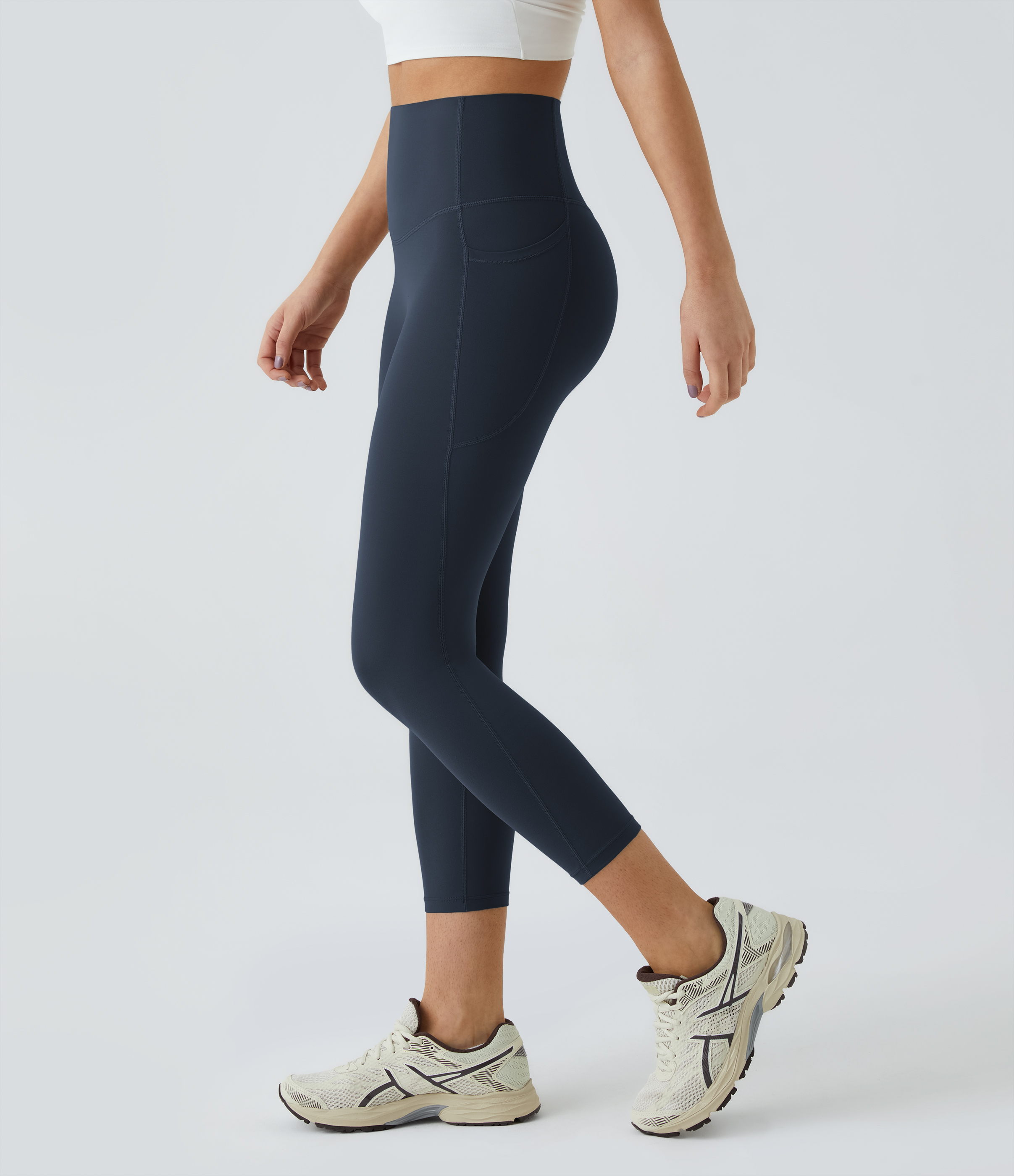 Halara High Waisted Side Pocket Shaping Training Capri Leggings  - Carbon - M gym leggings leggings with pockets leggings with butt lift 
