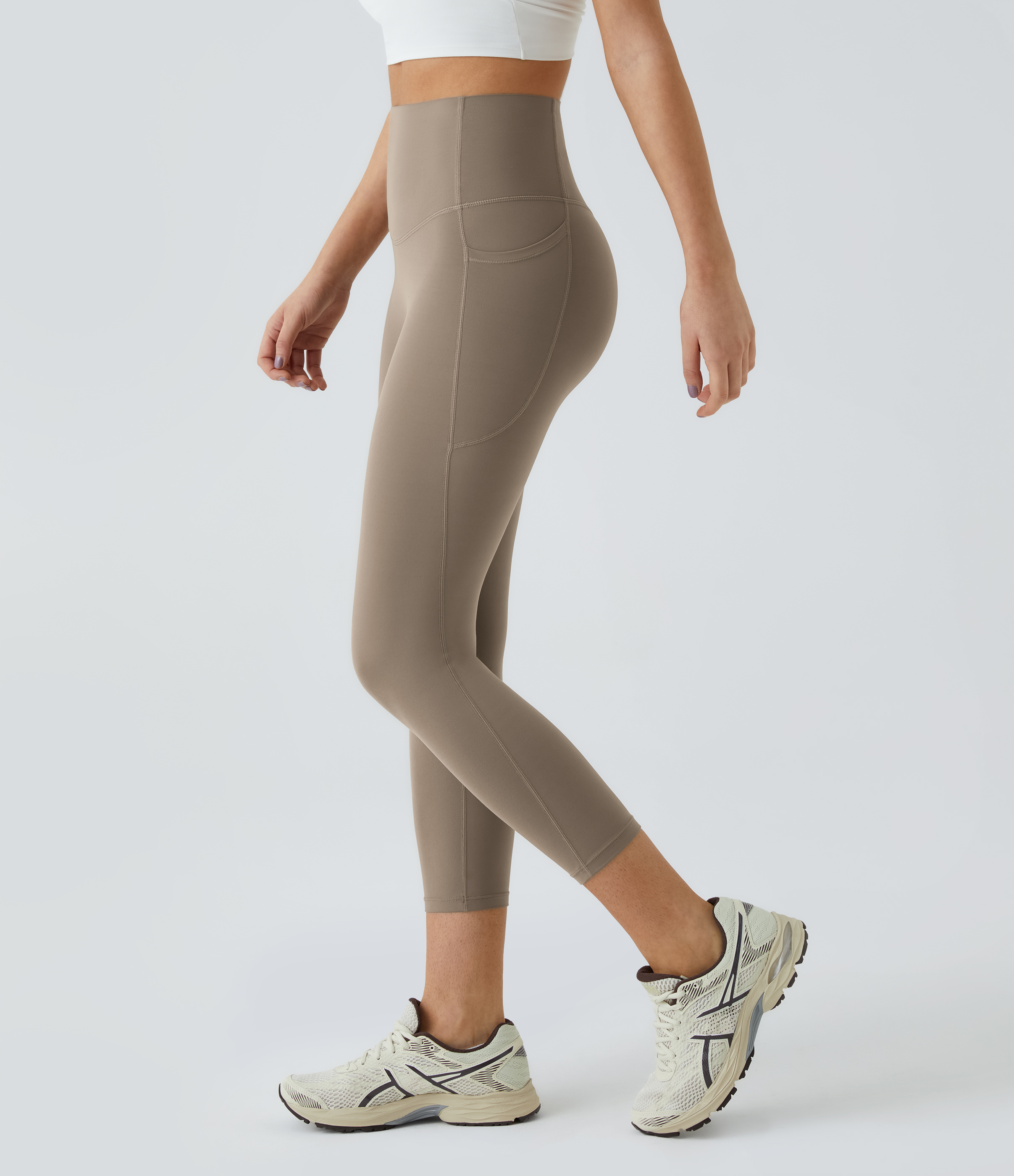 Halara High Waisted Side Pocket Shaping Training Capri Leggings  - Dawn Brown - M gym leggings leggings with pockets leggings with butt lift 