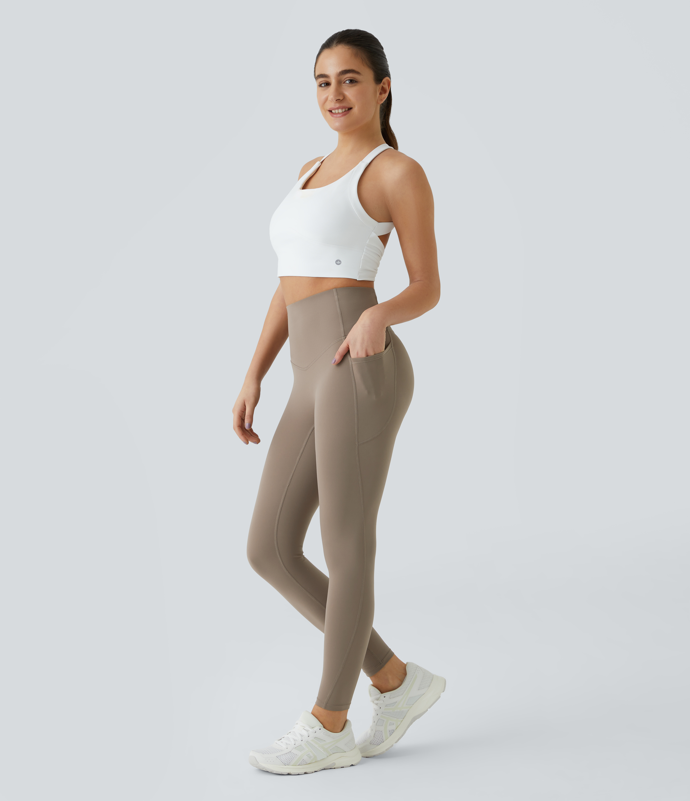 Halara High Waisted Side Pocket Shaping Training Capri Leggings  - Dawn Brown - M gym leggings leggings with pockets leggings with butt lift 