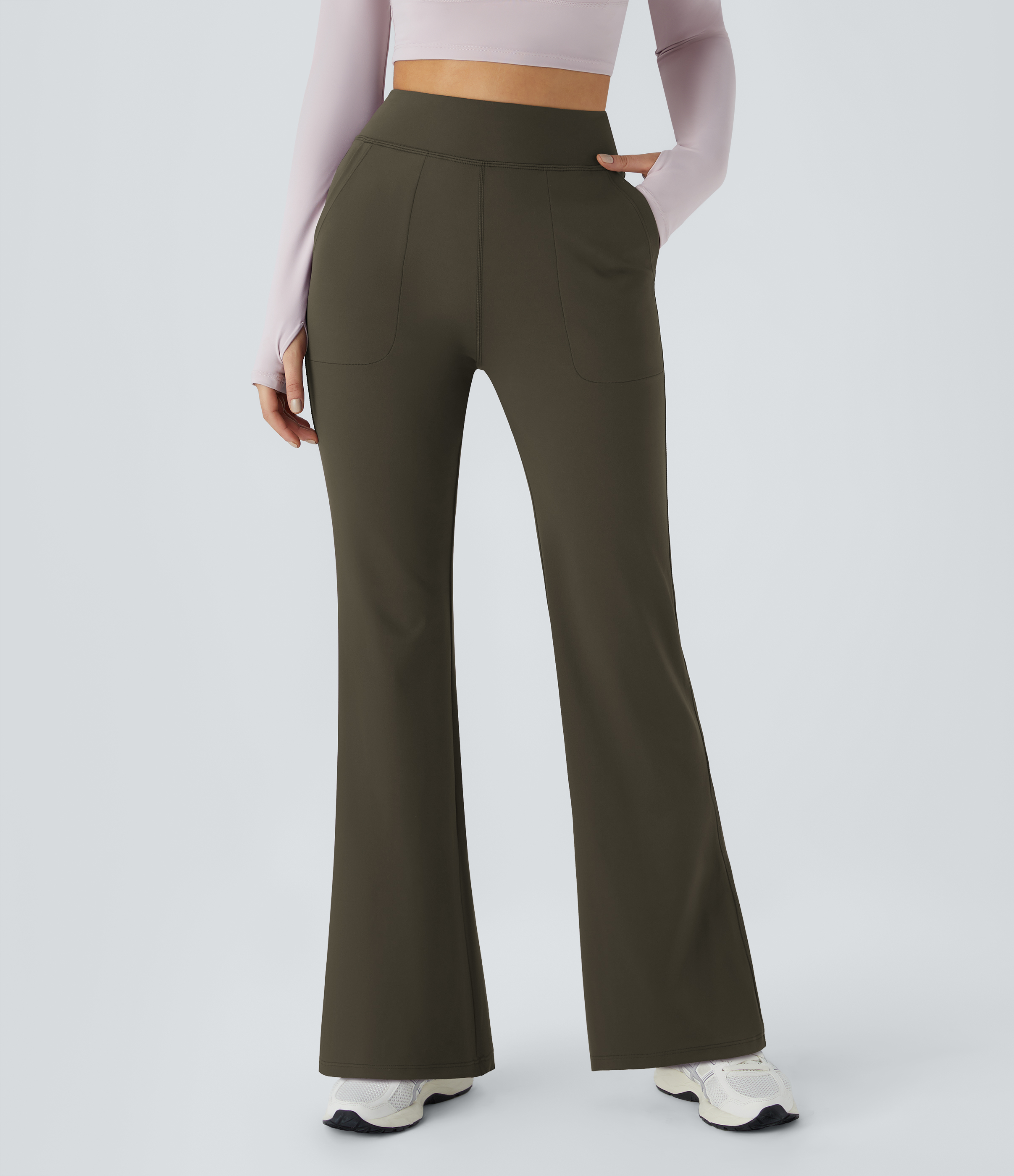 Halara In My Feels High Waisted Side Pocket Plain Flare Leggings  - Forest Night - M gym leggings leggings with pockets 