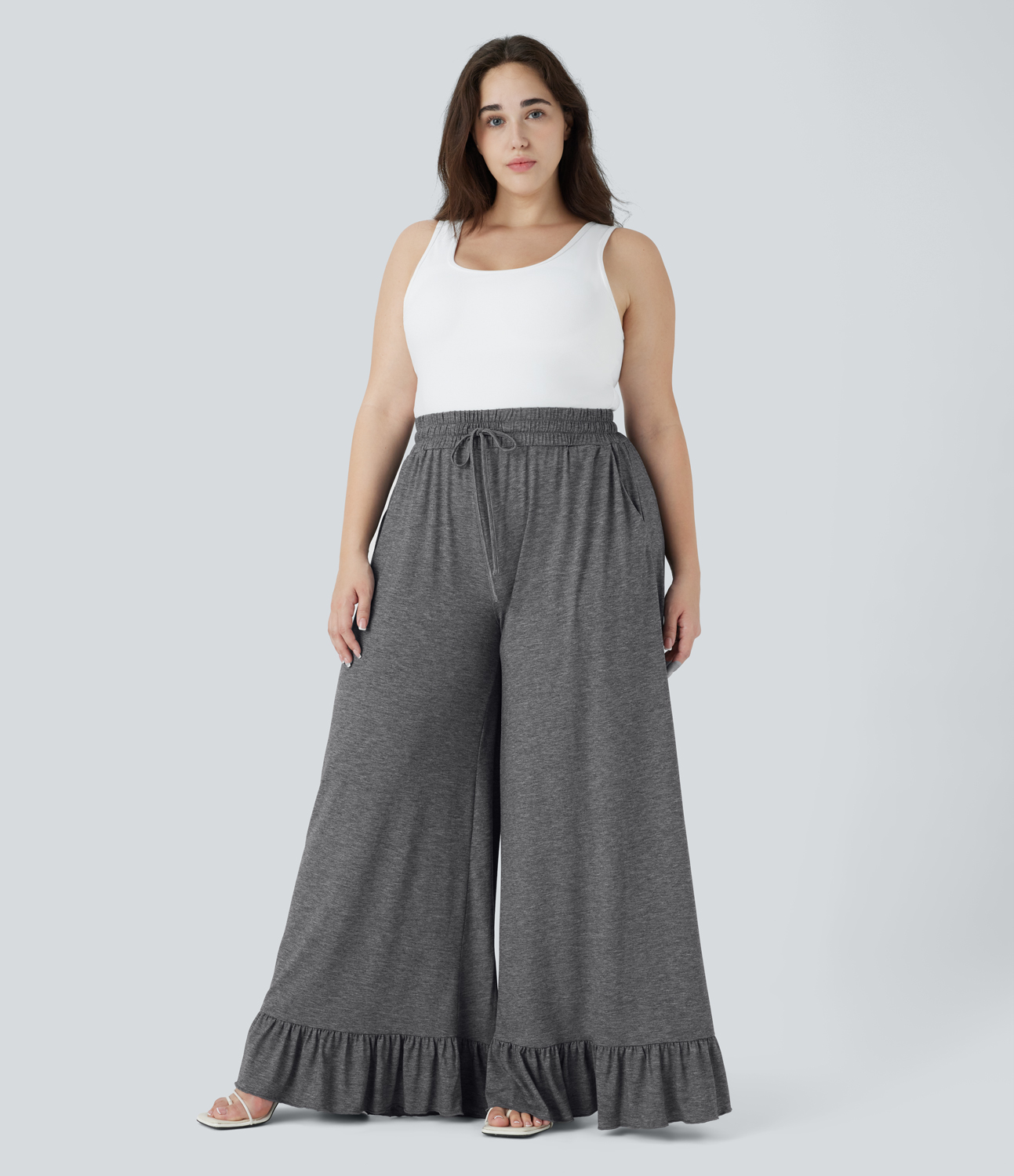 Halara High Waisted Drawstring Side Pocket Ruffle Wide Leg Casual Plus Size Pants  - Darl Gray Floral Yarn - 2X(regular) 
