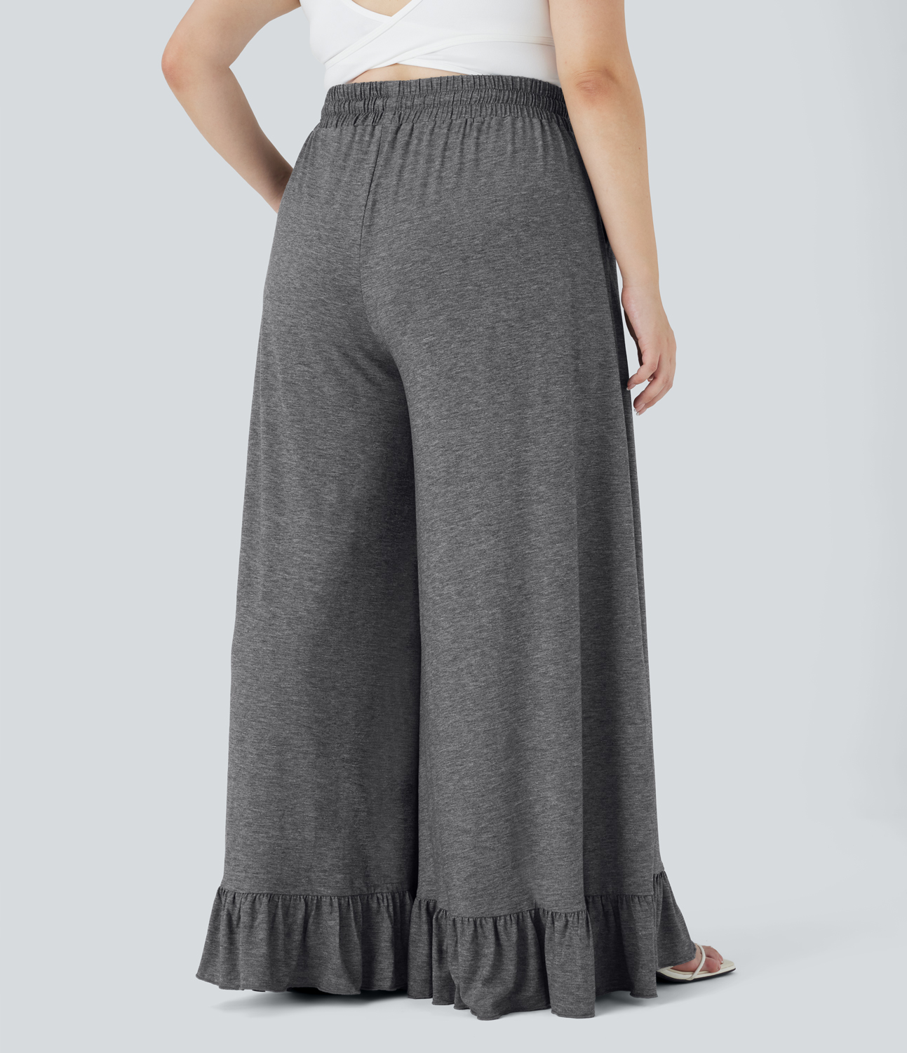 Halara High Waisted Drawstring Side Pocket Ruffle Wide Leg Casual Plus Size Pants  - Darl Gray Floral Yarn - 2X(regular) 