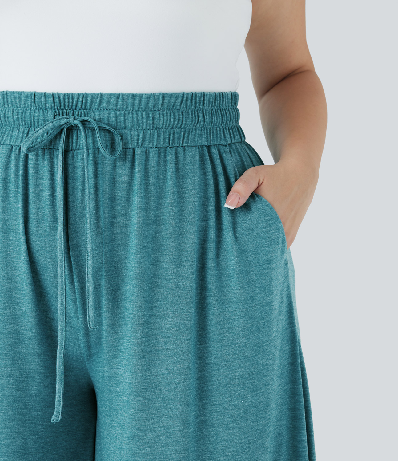 Halara High Waisted Drawstring Side Pocket Ruffle Wide Leg Casual Plus Size Pants  - Stone Green Floral Yarn - 1X(regular) 