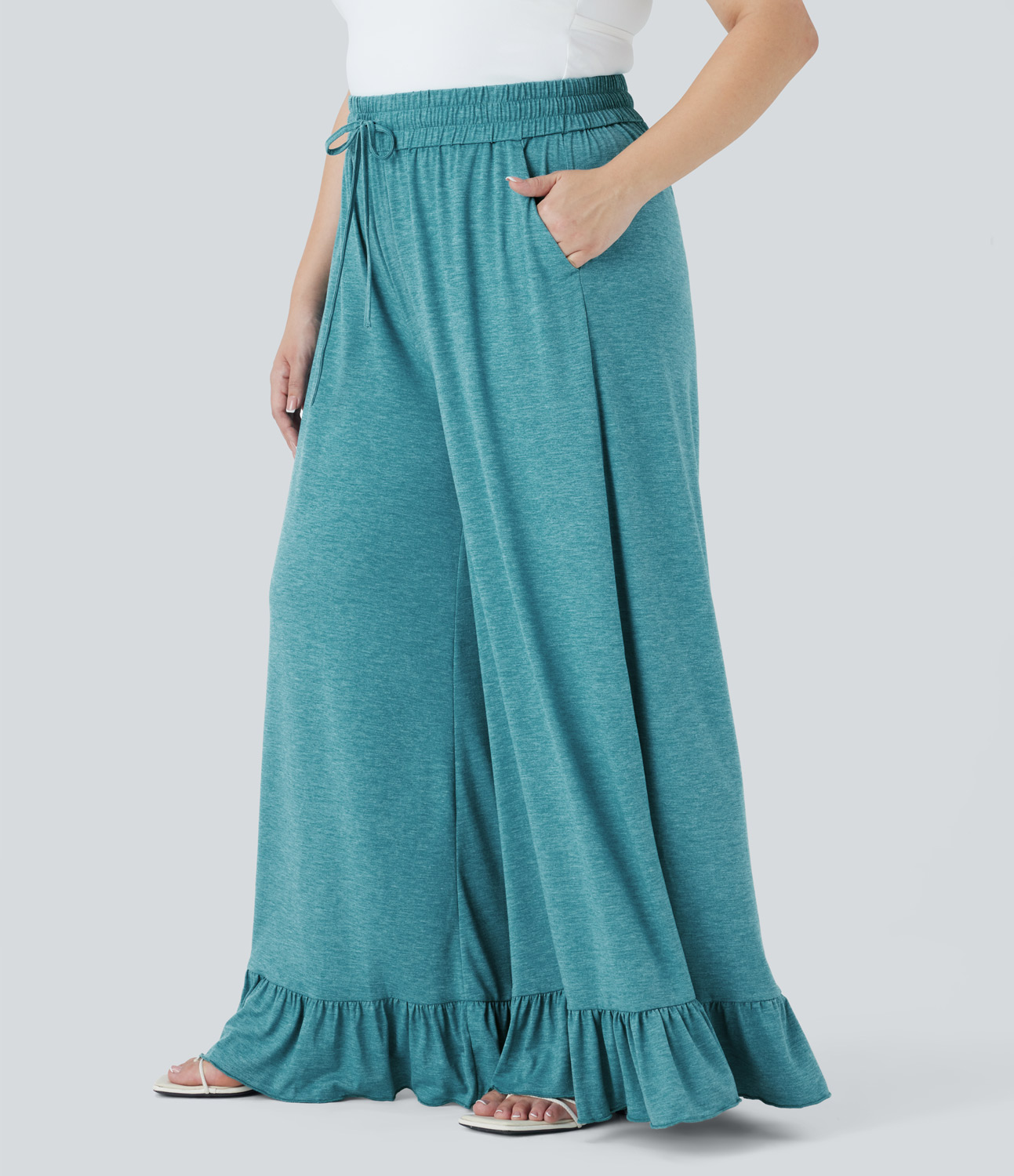Halara High Waisted Drawstring Side Pocket Ruffle Wide Leg Casual Plus Size Pants  - Stone Green Floral Yarn - 1X(regular) 