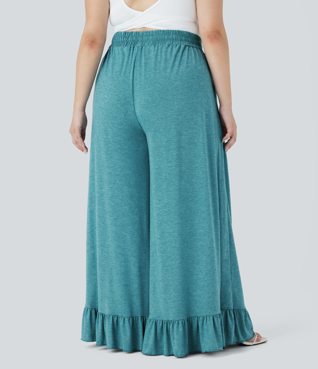 Halara High Waisted Drawstring Side Pocket Ruffle Wide Leg Casual Plus Size Pants  - Stone Green Floral Yarn - 1X(regular) 