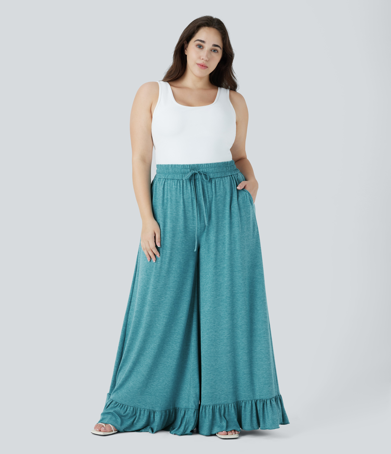 Halara High Waisted Drawstring Side Pocket Ruffle Wide Leg Casual Plus Size Pants  - Stone Green Floral Yarn - 1X(regular) 