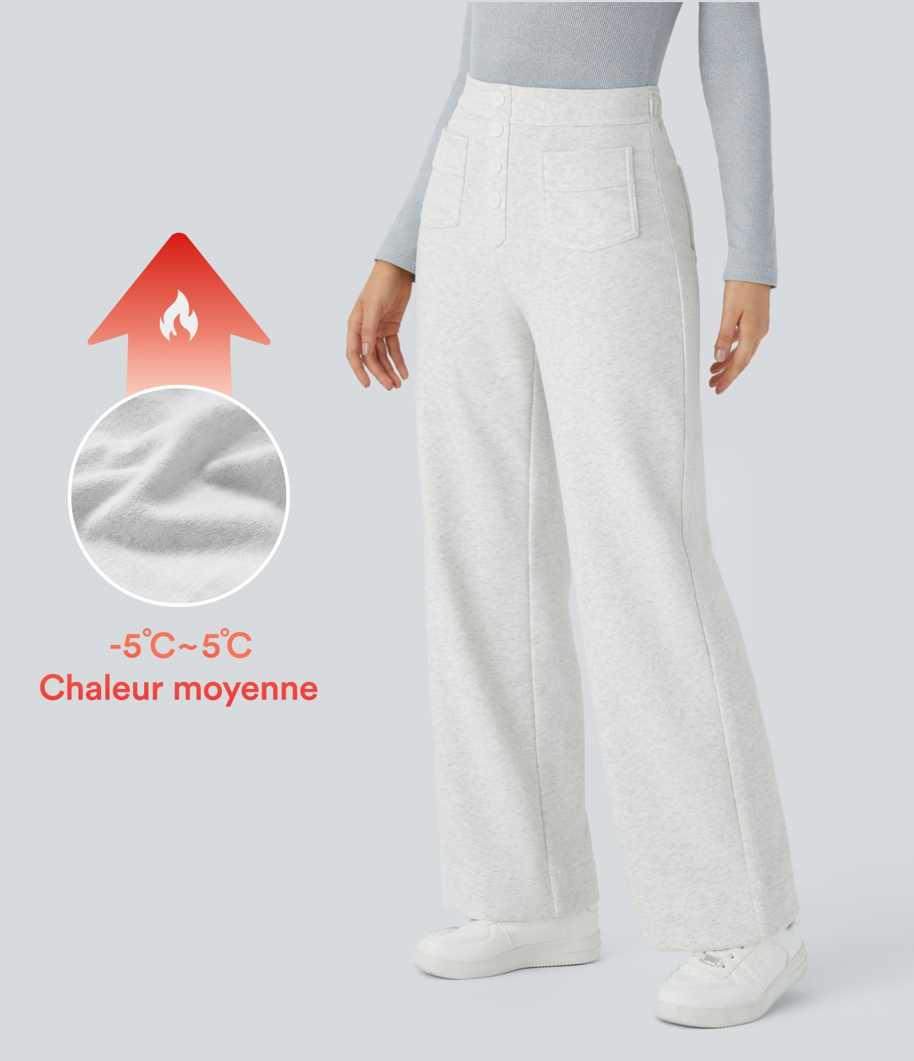 Casual trousers in thermal fleece cotton, straight leg, buttons, high waist, multiple pockets