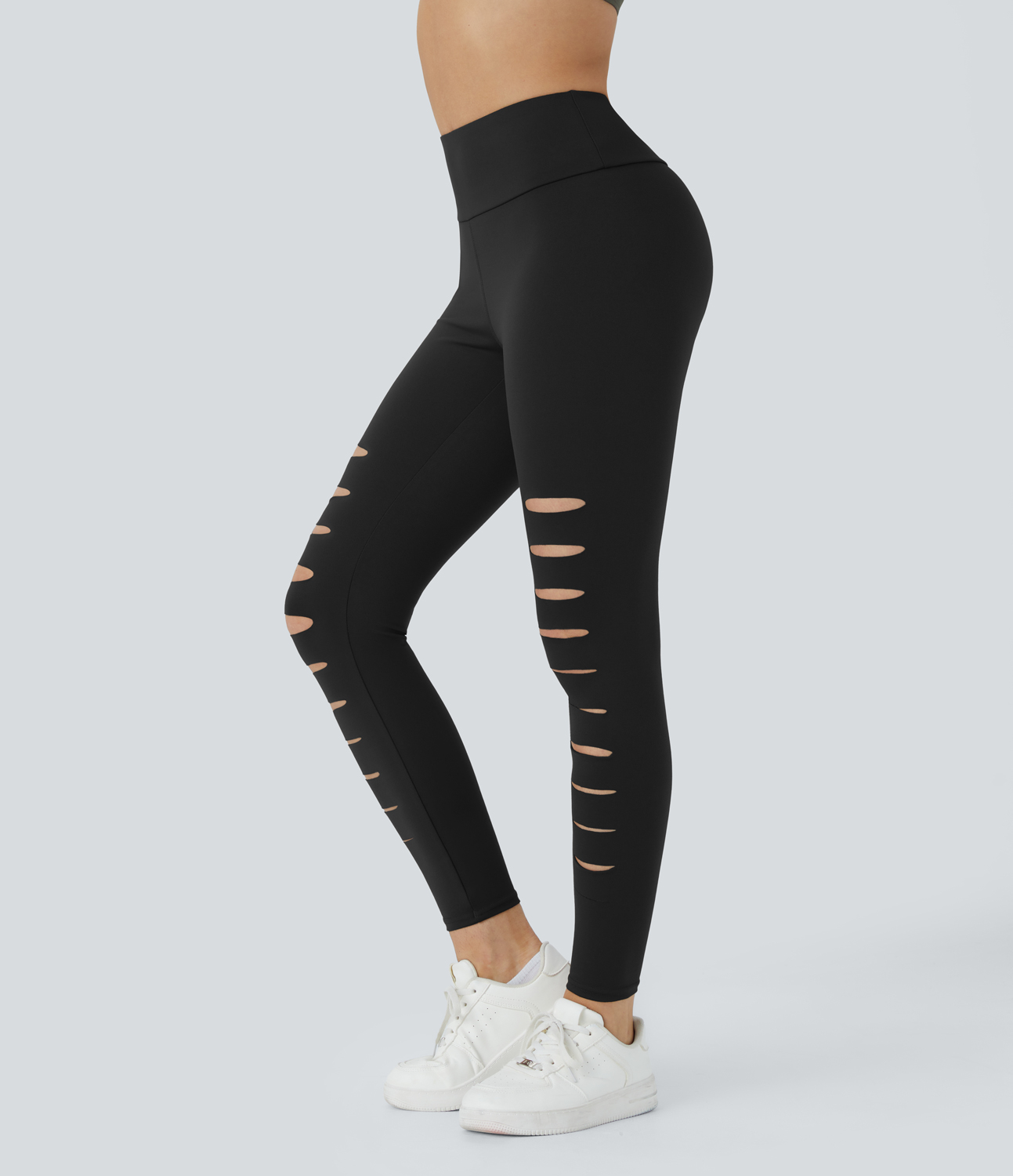 Halara High Waisted Ripped Solid Casual Leggings  - Black - S(7/8) gym leggings leggings with pockets leggings with butt lift 
