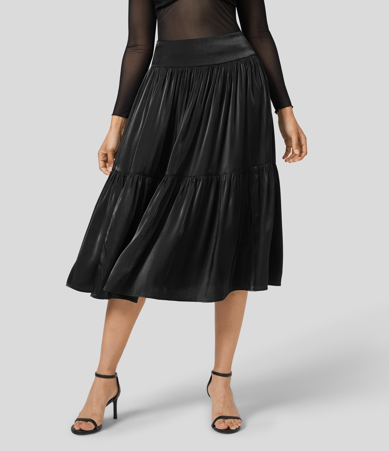 Halara High Waisted Shirred Back Plicated Midi Shine Casual Tiered Skirt  - Black - XS(regular) 