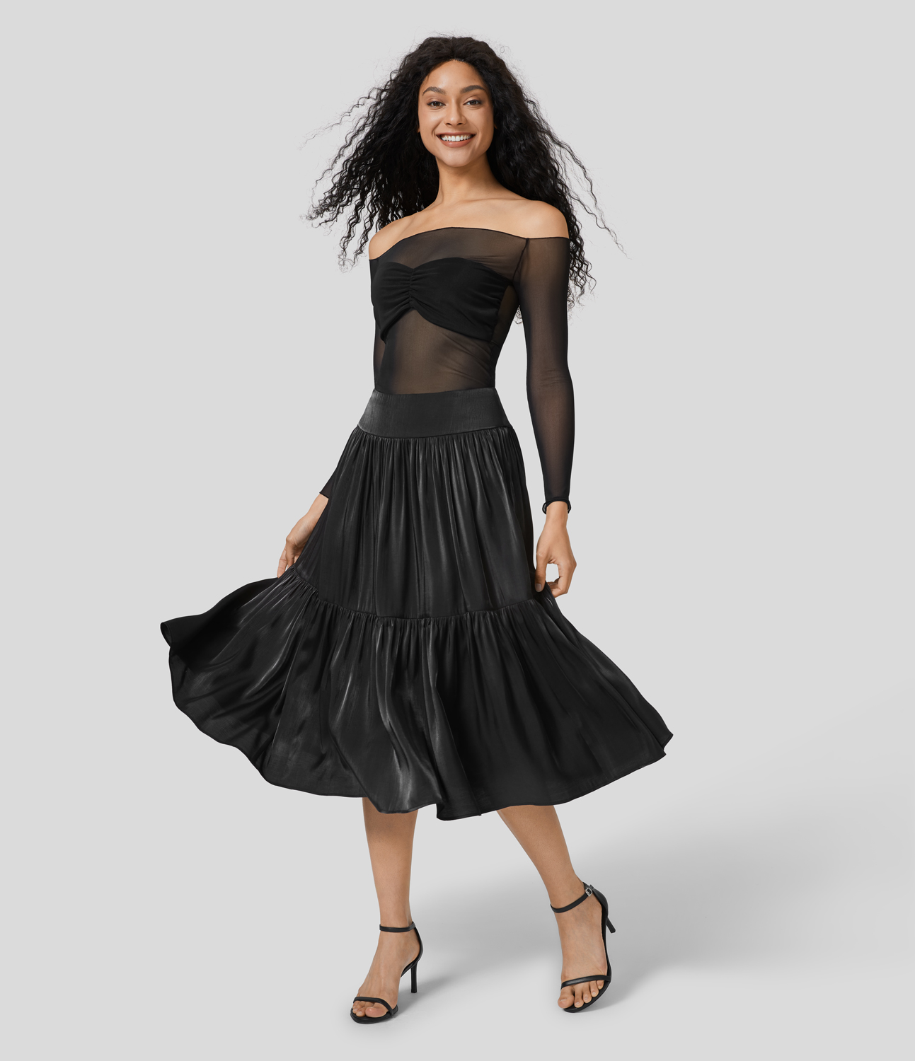 Halara High Waisted Shirred Back Plicated Midi Shine Casual Tiered Skirt  - Black - XS(regular) 