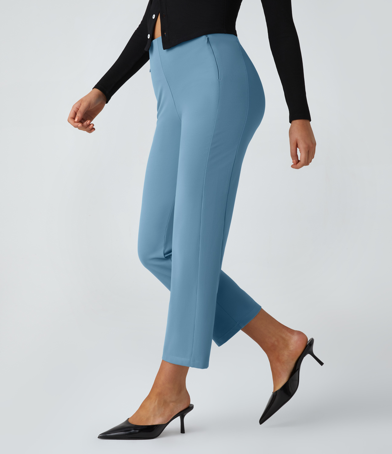 Halara High Waisted Zip Pockets Slim Straight Leg Work Pants  - Light Azure - L(regular) sweatpants jogger pants stacked sweatpants 