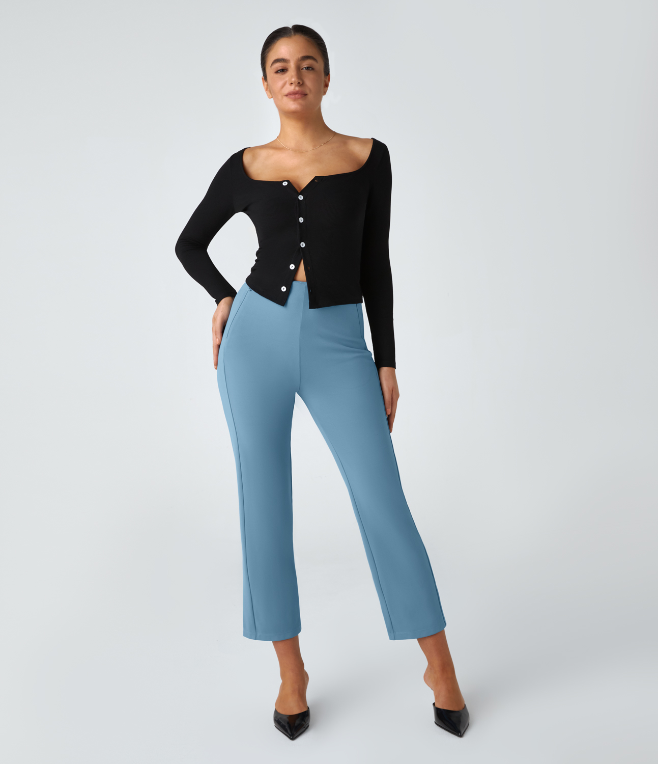 Halara High Waisted Zip Pockets Slim Straight Leg Work Pants  - Light Azure - L(regular) sweatpants jogger pants stacked sweatpants 