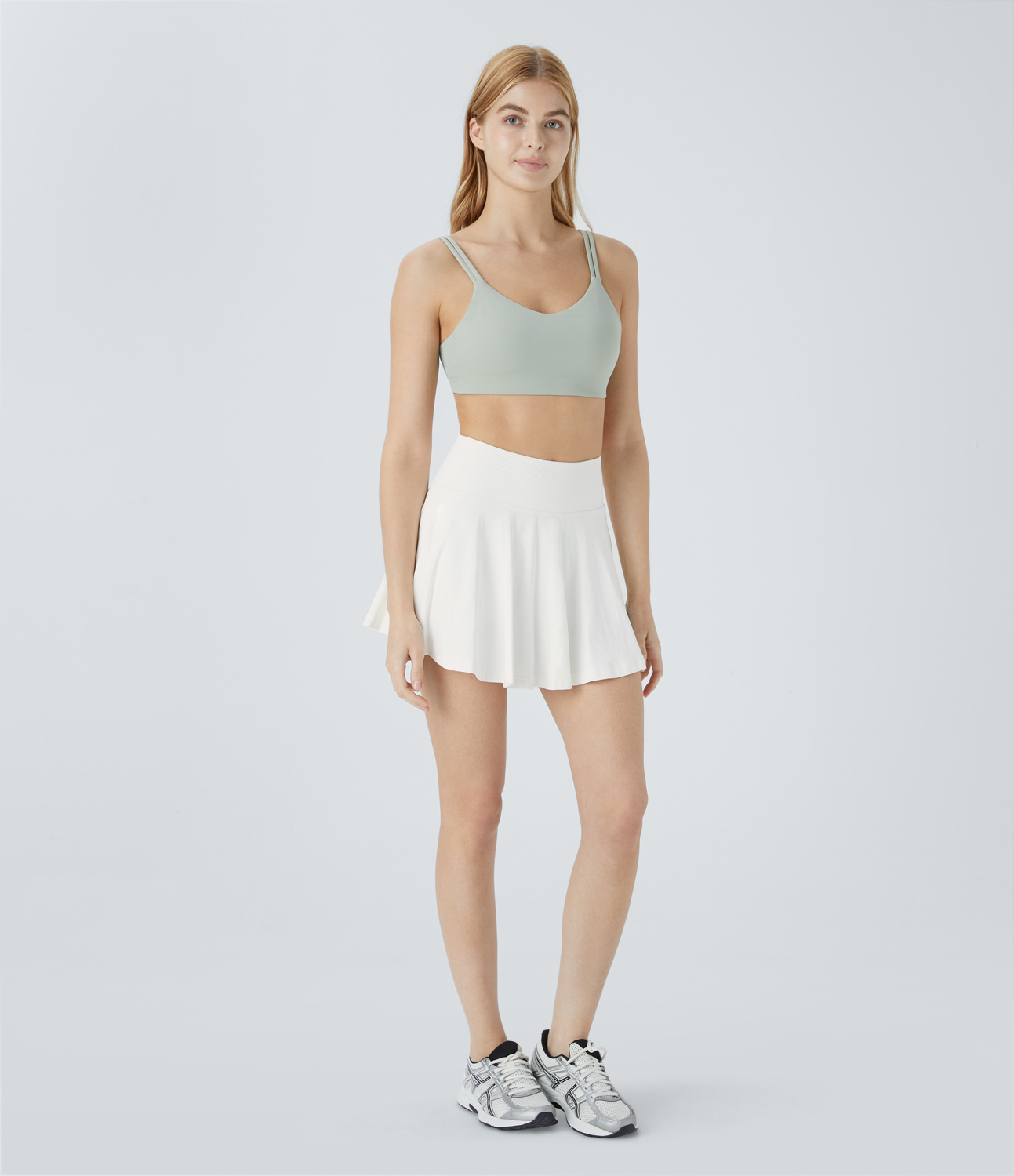 Halara Seamless Flow High Waisted 2-in-1 Side Pocket Flare Mini Yoga Skirt  - Snow White Oak - L(regular) midi skirt a line skirt 