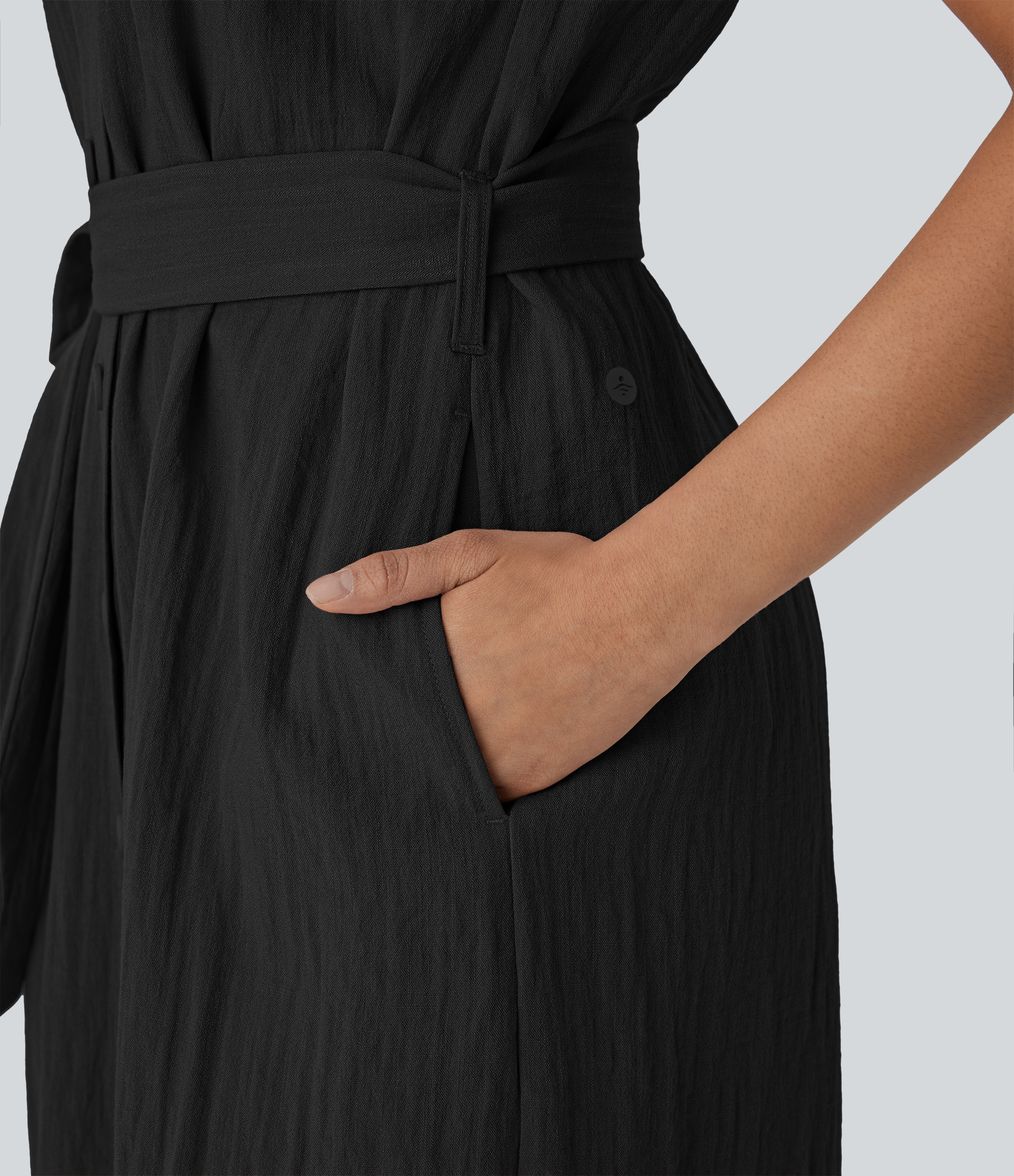 Halara Collared Short Sleeve Button Belted Multiple Pockets Curved Hem Midi Work Linen-Feel Dress Casual Dress - Black - XL slip dress 