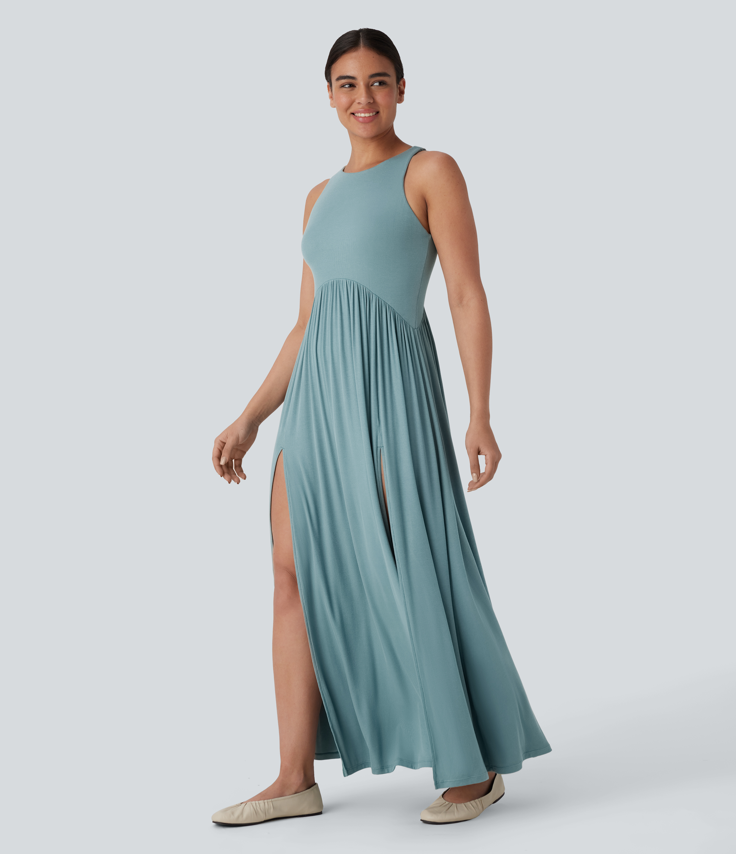 Halara Ribbed Round Neck Backless Racerback Split Flowy Maxi Casual Dress Casual Dress - Clear Green - M slip dress beach dress ruched dress 