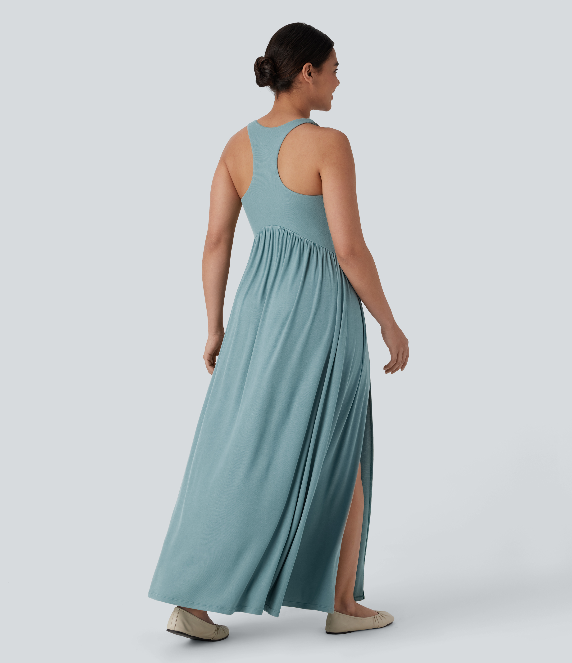 Halara Ribbed Round Neck Backless Racerback Split Flowy Maxi Casual Dress Casual Dress - Clear Green - M slip dress beach dress ruched dress 
