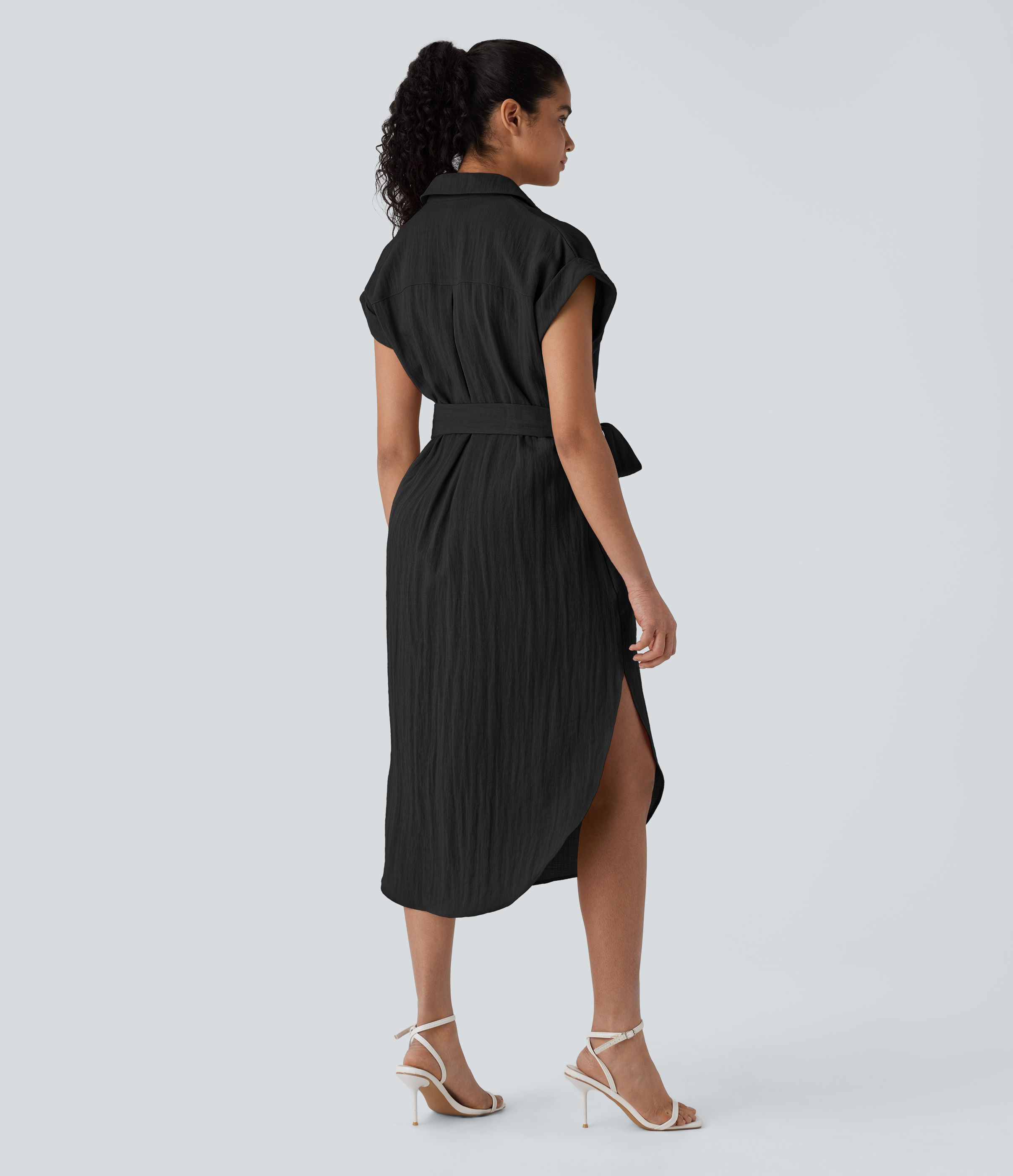 Halara Collared Short Sleeve Button Belted Multiple Pockets Curved Hem Midi Work Linen-Feel Dress Casual Dress - Black - XL slip dress 