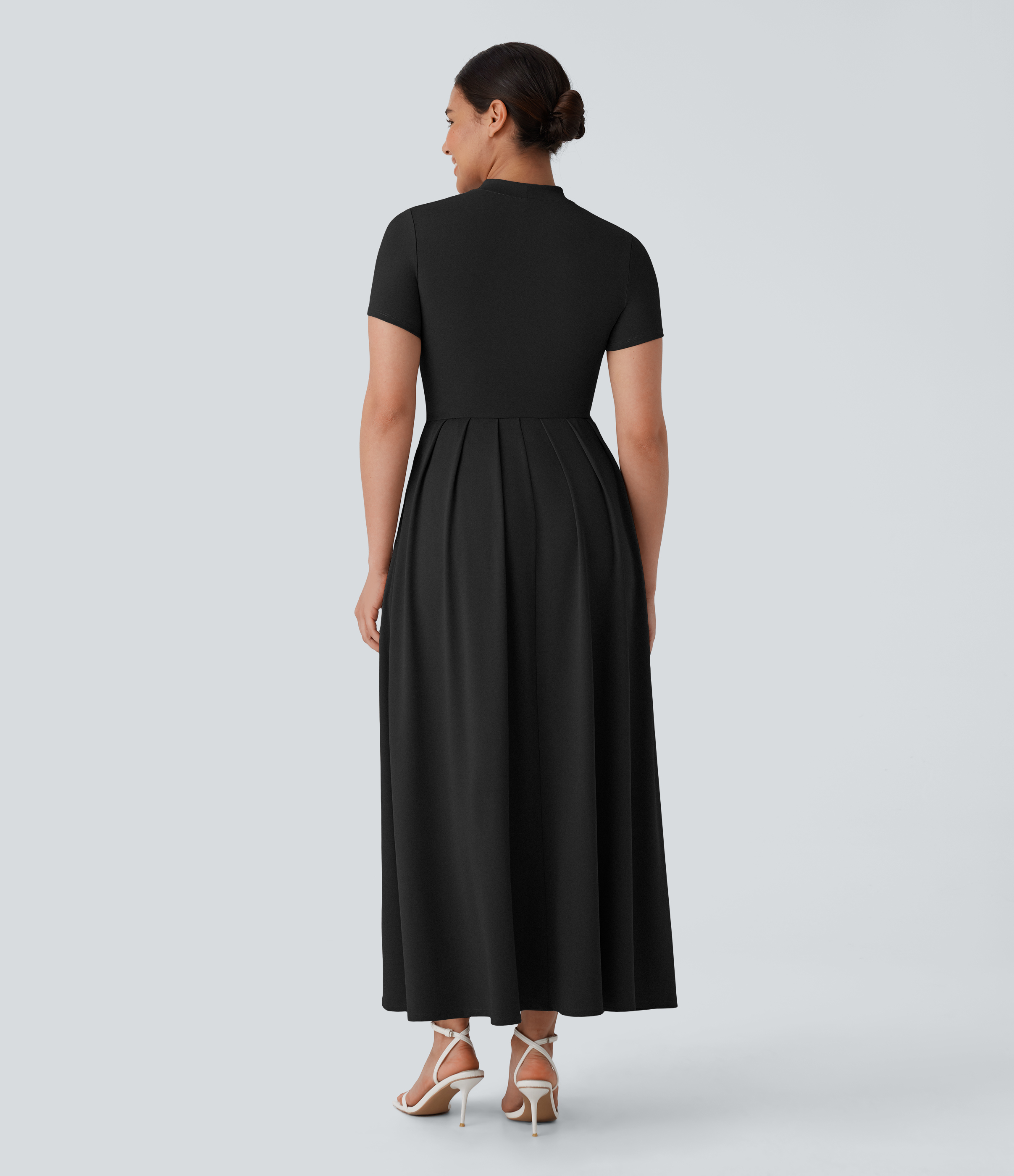 Negro Vestido largo acampanado bolsillo lateral manga corta cuello alto / 2
